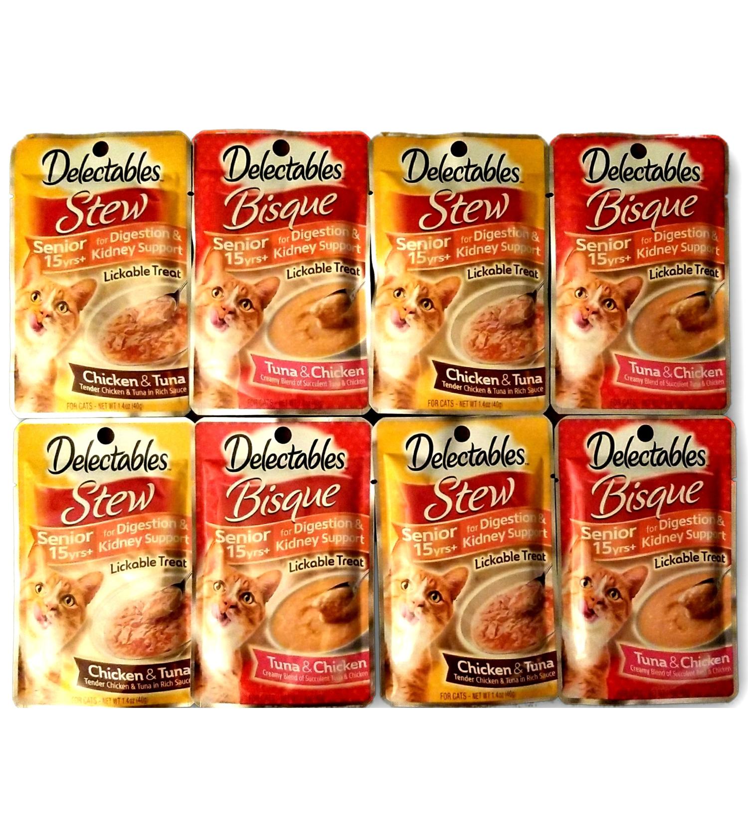 Delectables Lickable Treats Senior 15yrs+ Variety Bundle for Cats. Two Flavors, 4 Pouches of Each Flavor. 8 Total 1.4 oz Pouches.