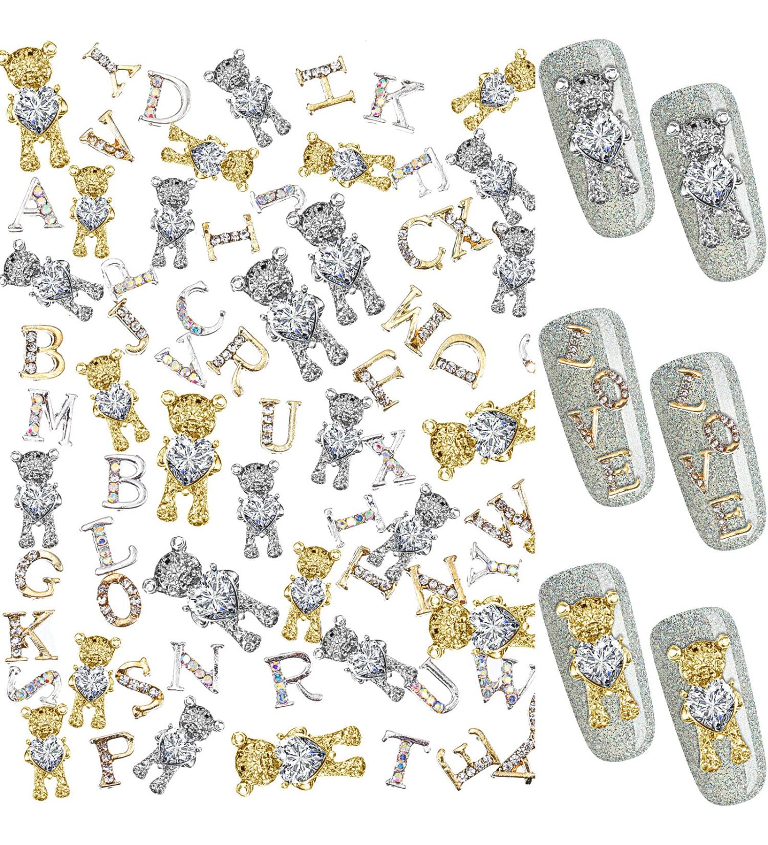 82 Pieces 3D Nail Charms - Bear, Heart, and Letter Rhinestone Nail Studs in Gold and Silver for Women and Girls DIY Nail Art - Buy Online on GoSupps.com