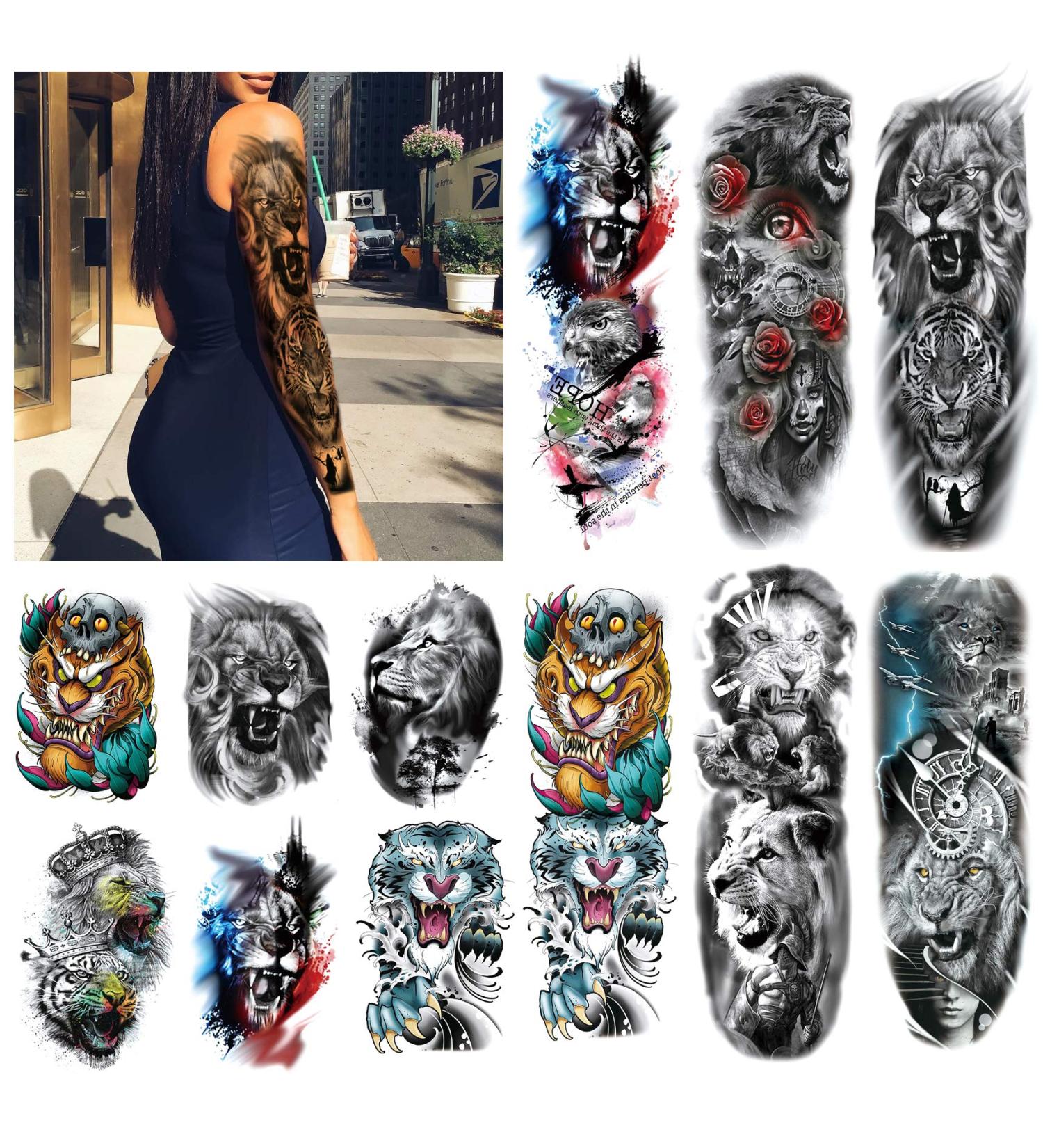 Kotbs Full Arm Temporary Tattoos - 12 Sheets | Fake Sleeve Tattoo Sticker for Halloween Party | Lion Tiger Design | Men Women - Buy Online on GoSupps.com