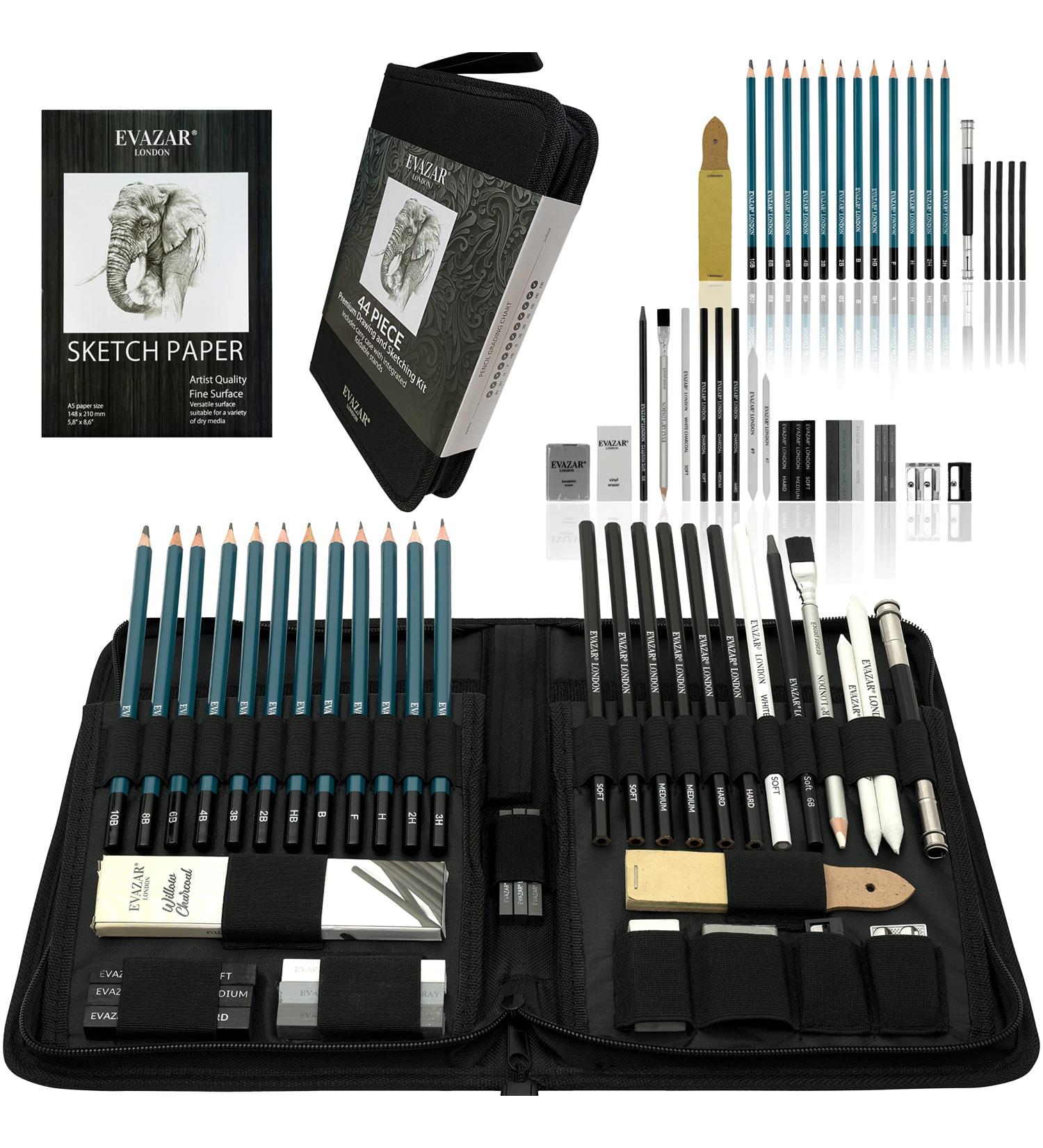 EVAZAR London Sketching and Drawing Art Supplies Set - 44 Pieces - Graphite & Charcoal Pencils, Sticks, Accessories - Portable Case with Stands - Teal - Buy Online on GoSupps.com