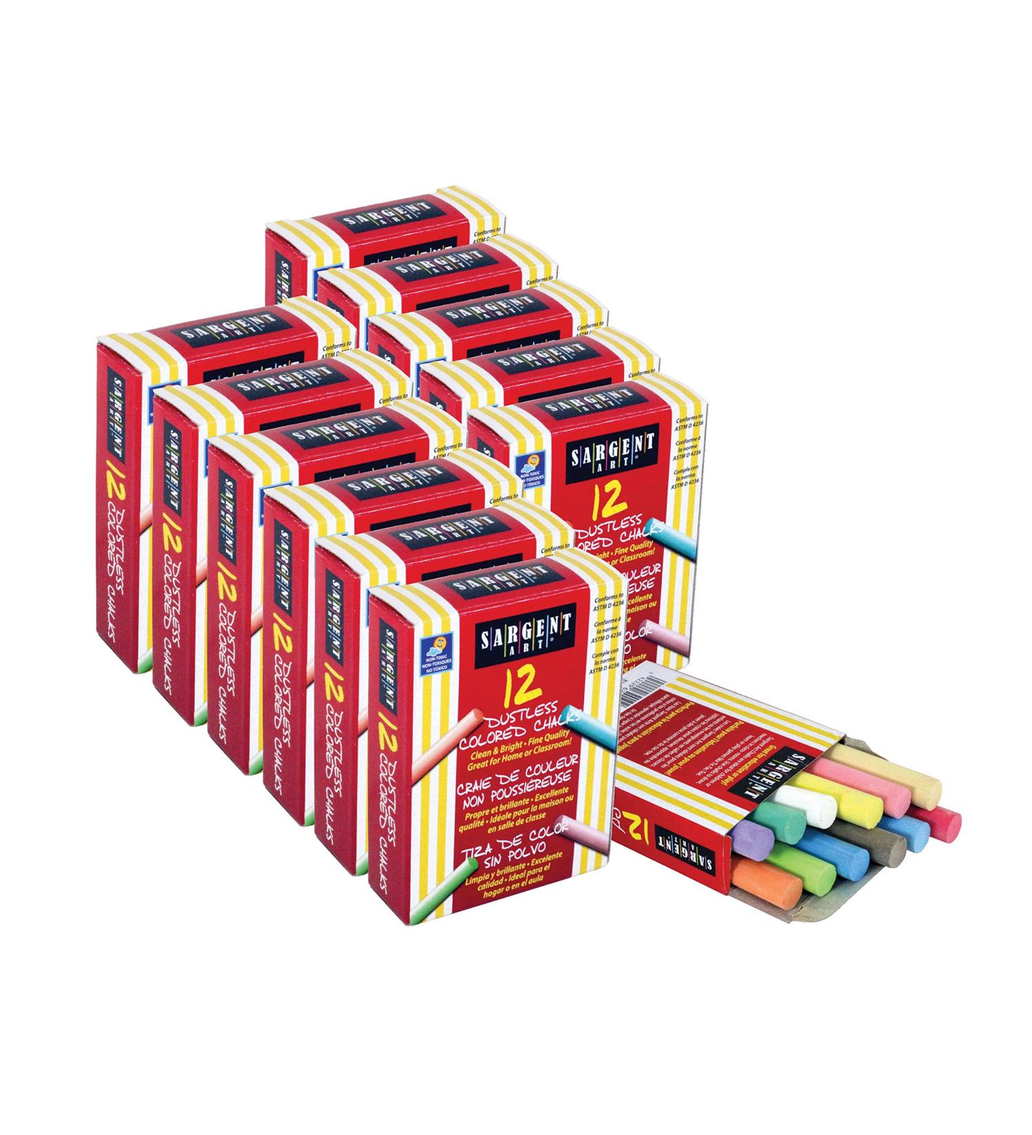 Sargent Art 144 Assorted Colors Dustless Chalk Sticks, 12 Count (Pack of 12), Non-Toxic, Easy to Use