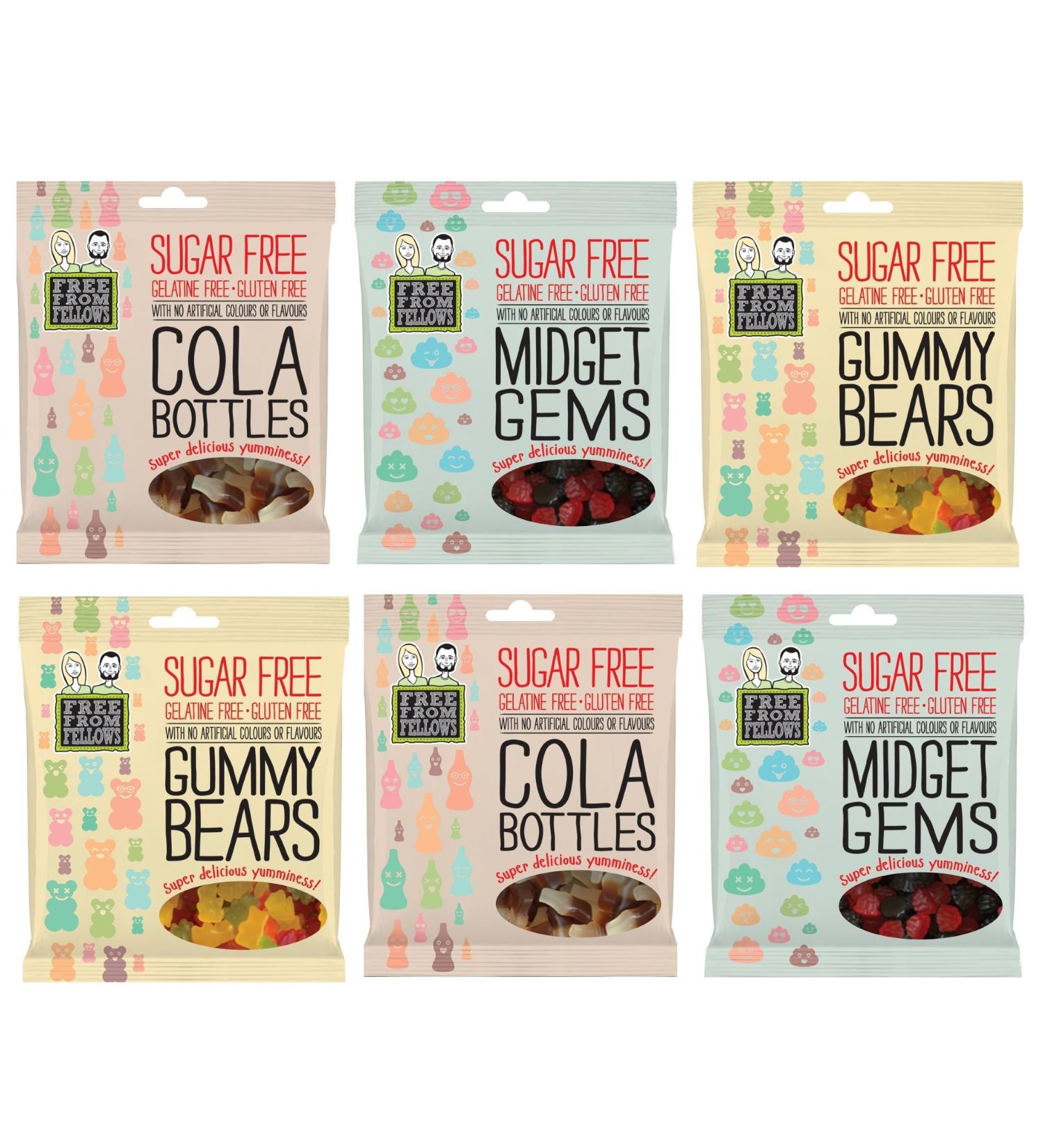 Free From Fellows Midget Gems & Gummy Bears Cola - Sugar Gelatin & Gluten Free - 6 x 100g Bottles