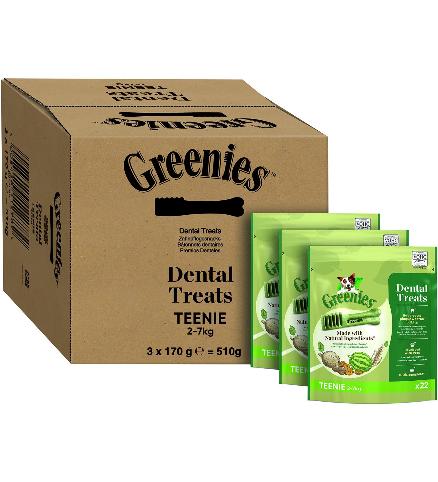 Greenies Dental Treats for Very Small Dogs (2-7 kg) - Original Teen Dental Narcuips - Daily Tooth Cleaning - 3-Pack (3 x 170g) - Buy Online on GoSupps.com