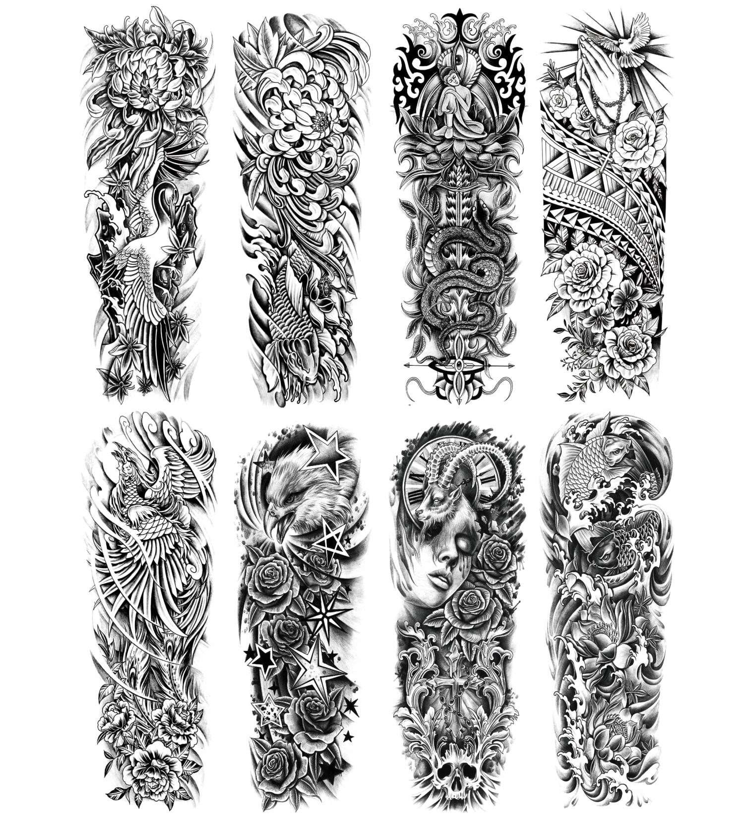 PADOUN Temporary Sleeve Tattoos - 8-Sheet Large Flower Fish Snake Designs for Men and Women - Buy Online on GoSupps.com