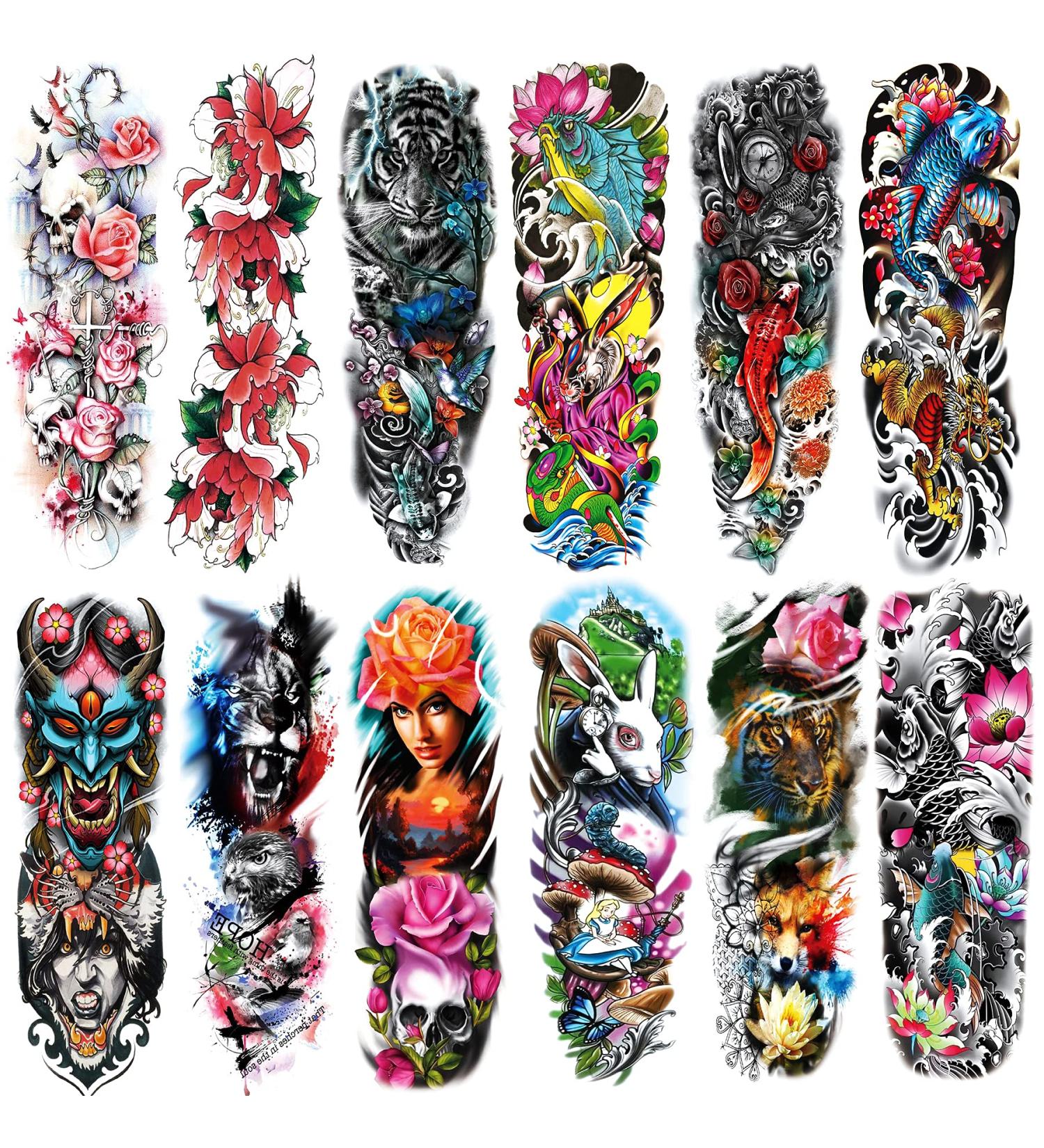 Colorful Sleeve Tattoos Stickers | Full Arm Temporary Tattoos for Kids & Women | 12-Sheet Pack - Buy Online on GoSupps.com