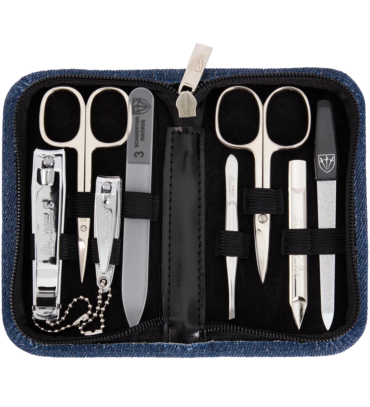 3 Swords Germany - brand quality 8 piece manicure pedicure grooming kit with glass nail file (490) BLUE - JEANS TEXTILE - Buy Online on GoSupps.com