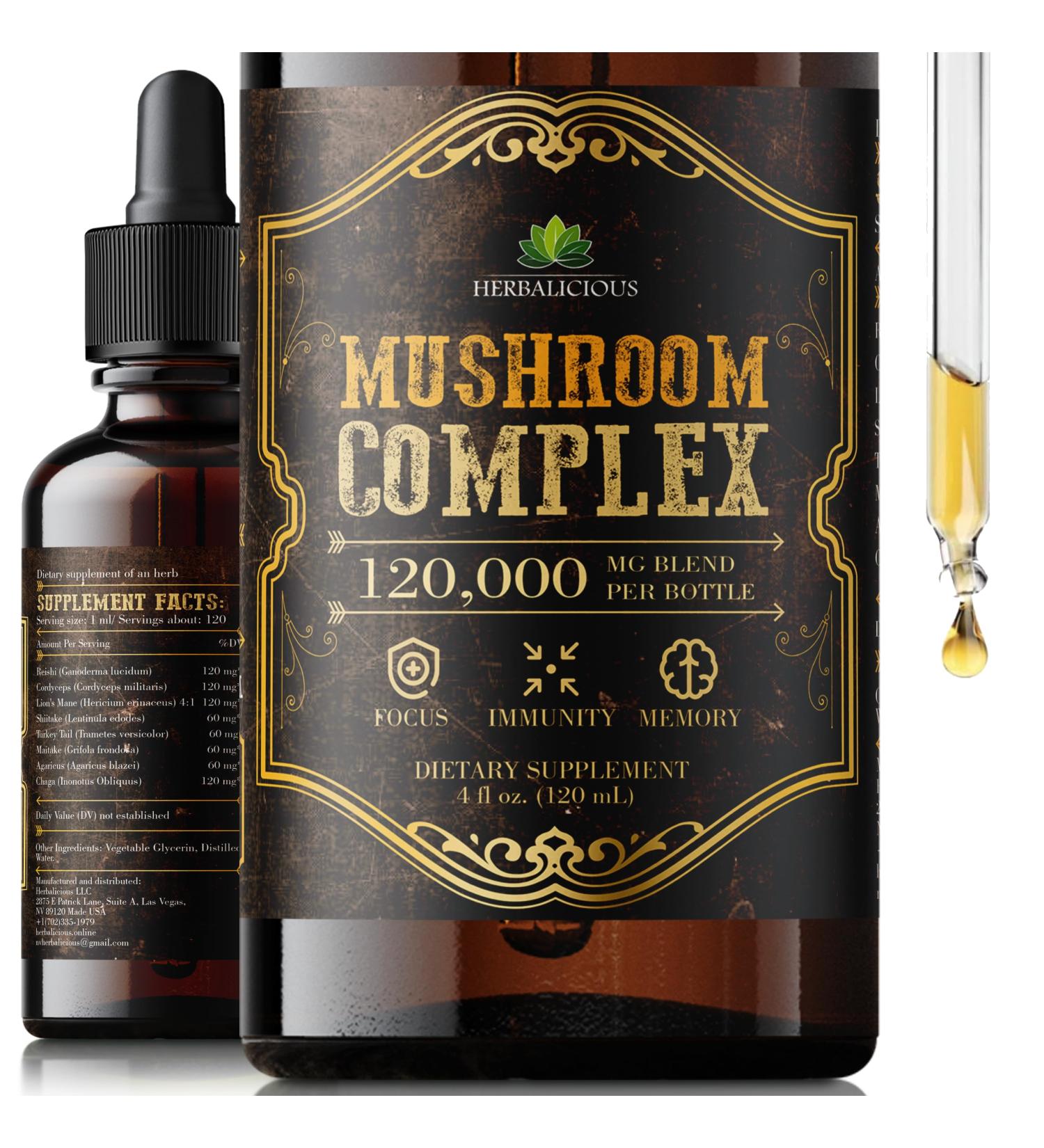HERBALICIOUS Mushroom Complex Supplement 8 Mushroom Blend for Focus Memory & Immune Support High Potency 120 000mg Mushroom Supplement with Lion s Mane Reishi Cordyceps Chaga 4 fl oz - Buy Online on GoSupps.com