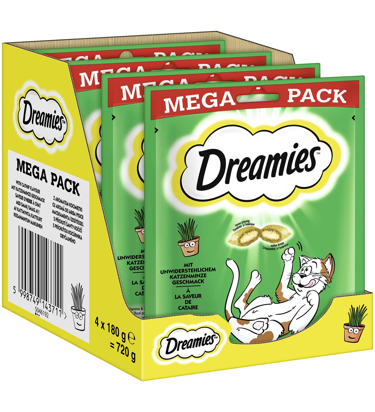 Dreamies Catnip cat snacks with mint fantastically crispy bags with a delicate filling in a mega pack 4 x 180g Mint 180 g (pack of 4)