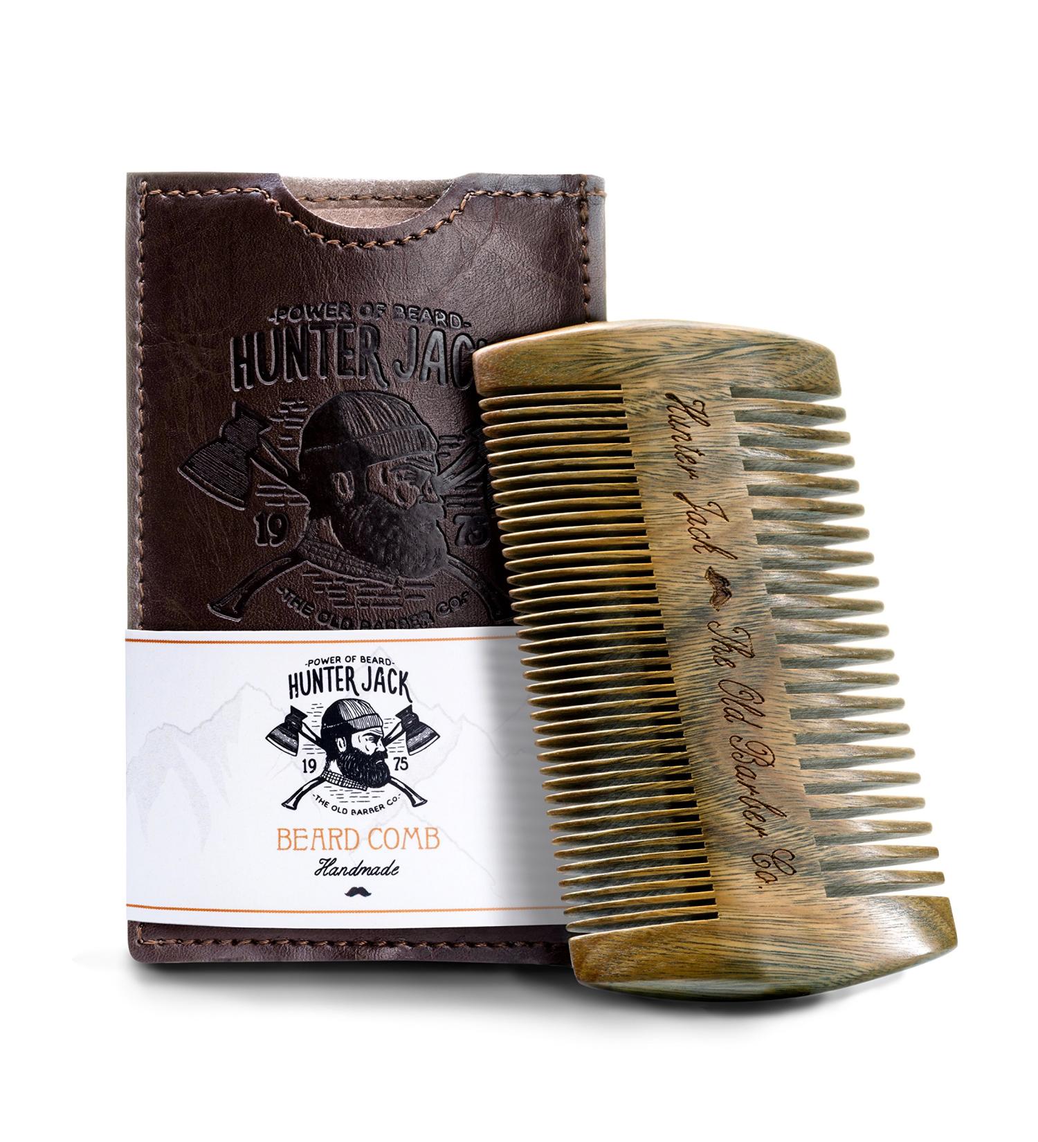 Sandalwood Beard Comb for Men | Handmade Fine & Wide Tooth Wooden Comb - Premium Pocket Size in Leather Case by Hunter Jack - Buy Online on GoSupps.com