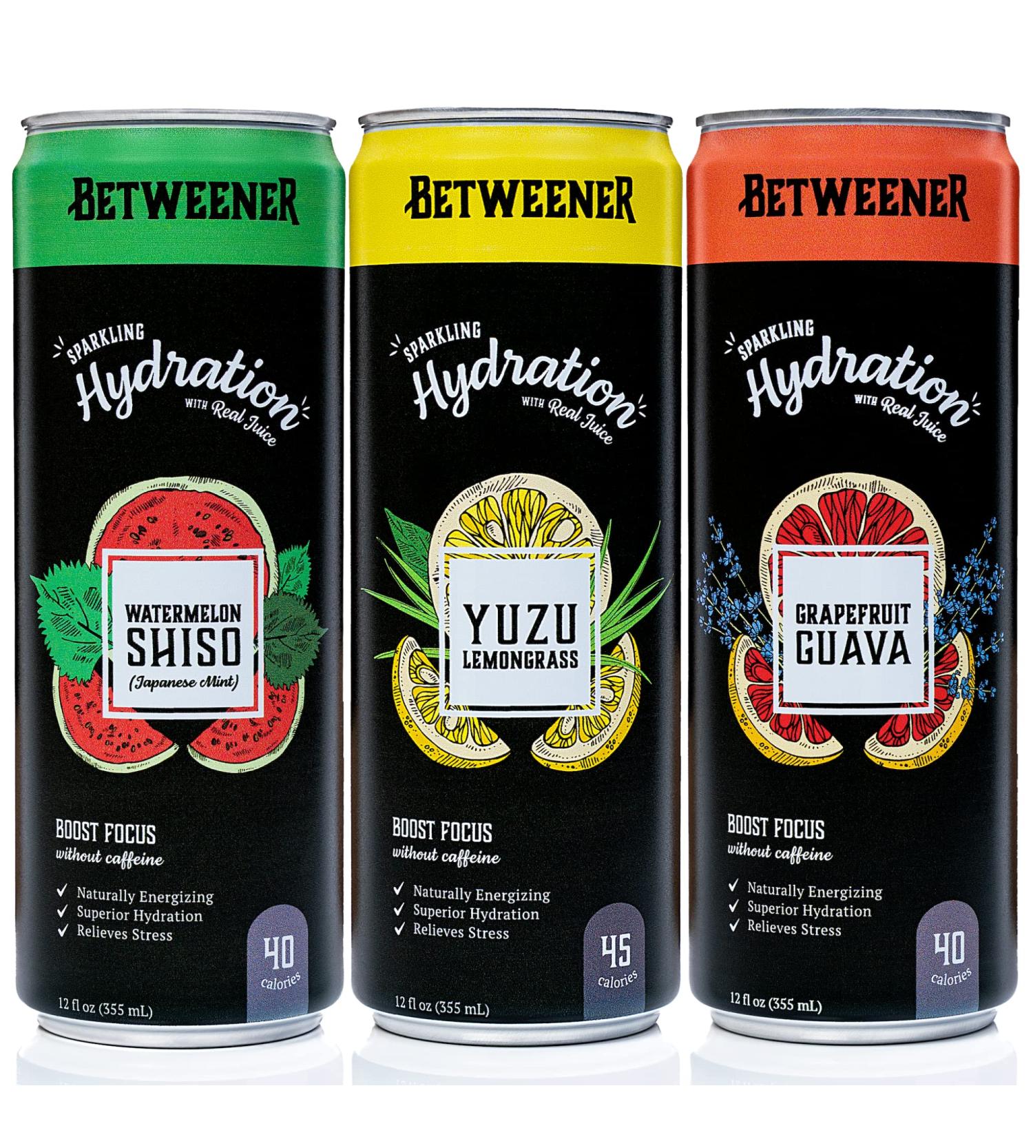 Betweener Sparkling Water & Energy Drink: Healthy Seltzer with L-Theanine, Vitamins, Electrolytes, Real Juice - Variety Pack (12 Pack) - Buy Online on GoSupps.com