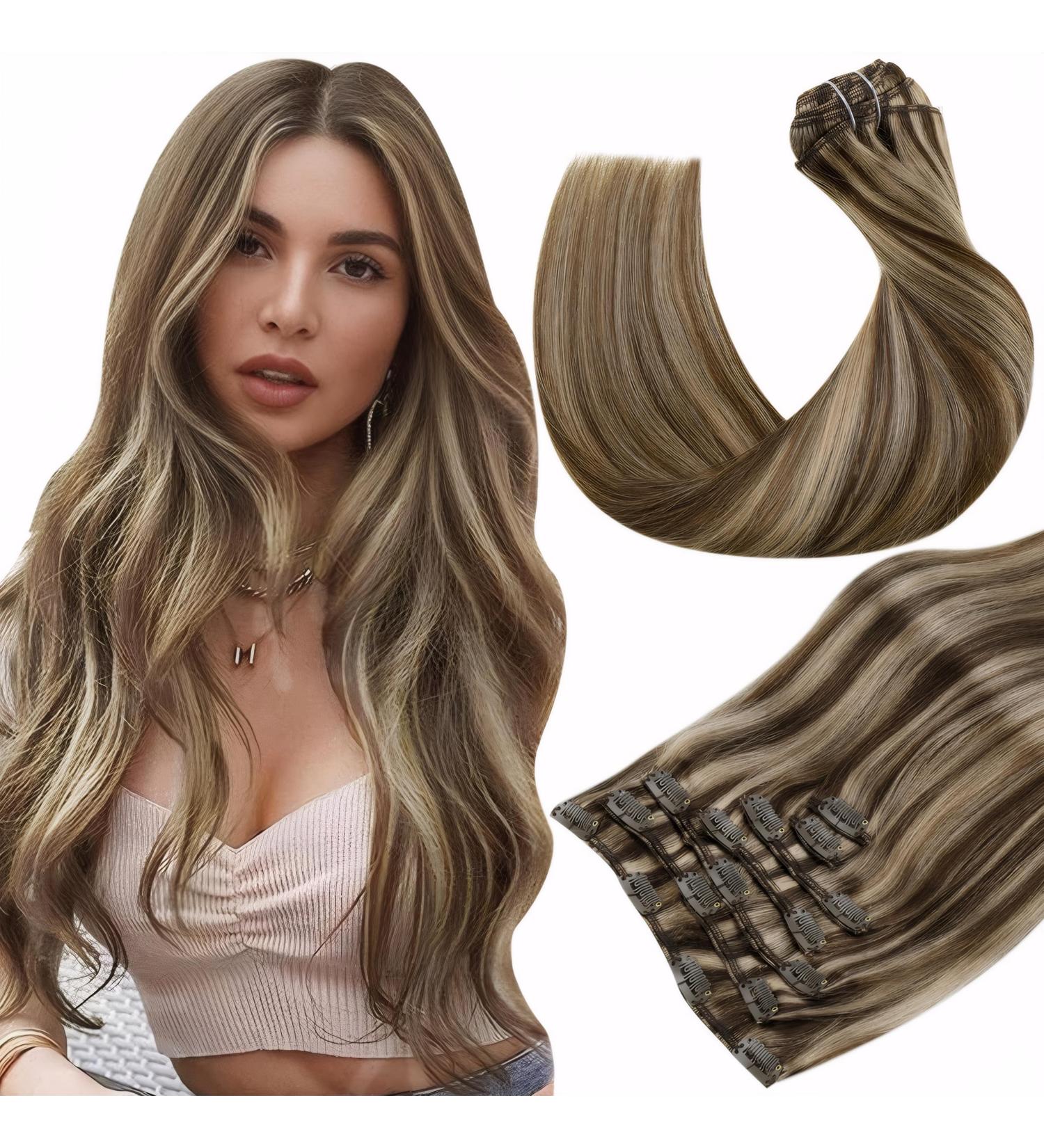 Buy Hetto Clip In Hair Extensions - Real Remy Hair Brown #4/27 Highlights 120g 45cm - Smooth & Easy to Use - Buy Online on GoSupps.com