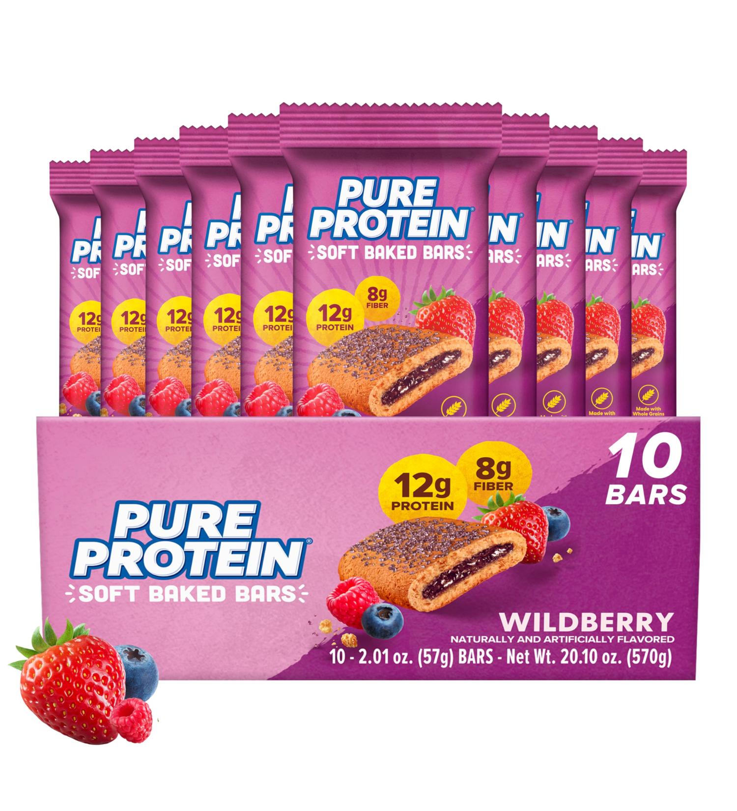 Pure Protein Wildberry Soft Baked Protein Bars 12g Protein 8g Fiber Whole Grain Breakfast Bars High Fiber Individually Wrapped Protein Snacks for On-the-Go 10 Count - Buy Online on GoSupps.com