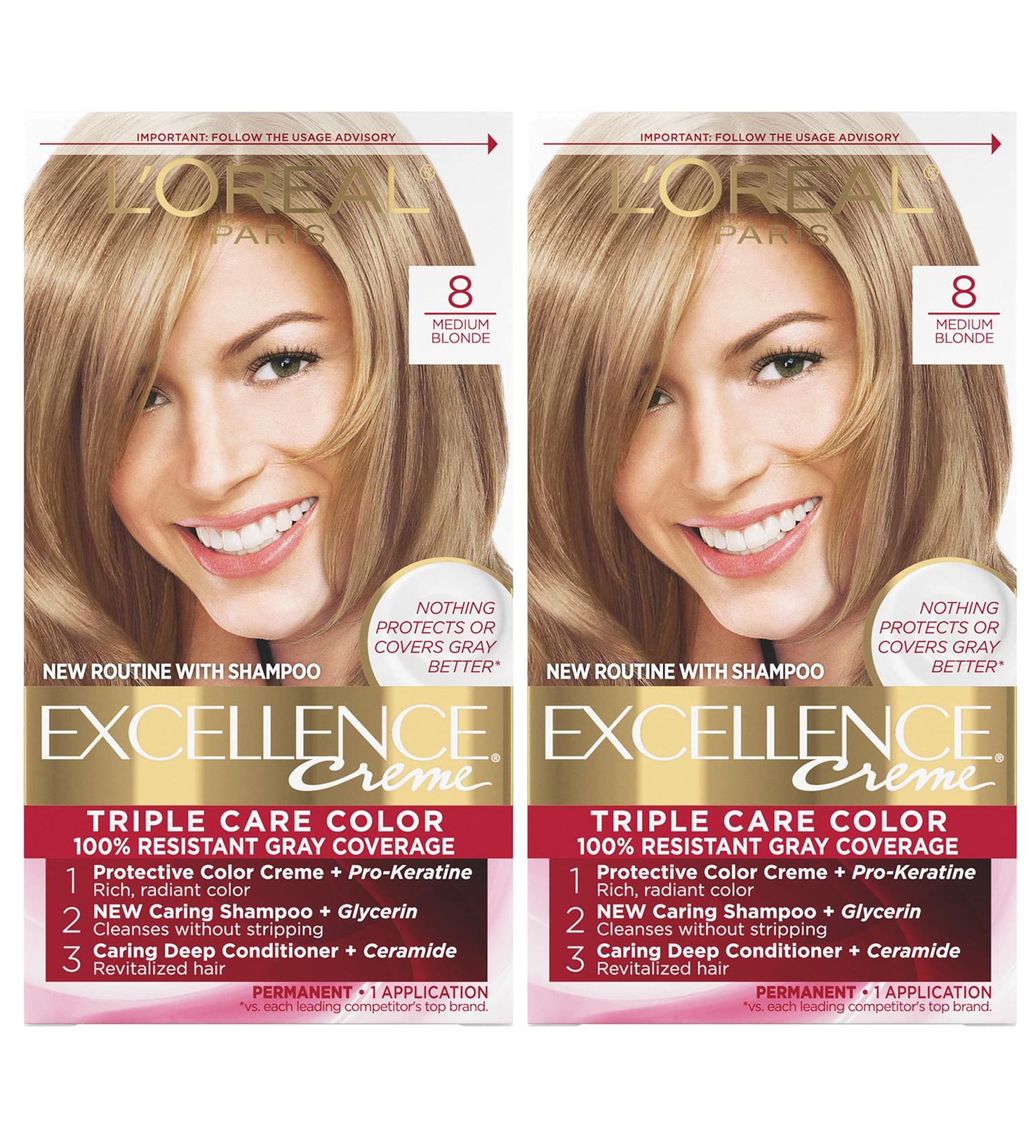 L'Oreal Paris Excellence Creme 8 Medium Blonde Hair Color - Pack of 2 - 100% Gray Coverage & Permanent Dye - Buy Online on GoSupps.com