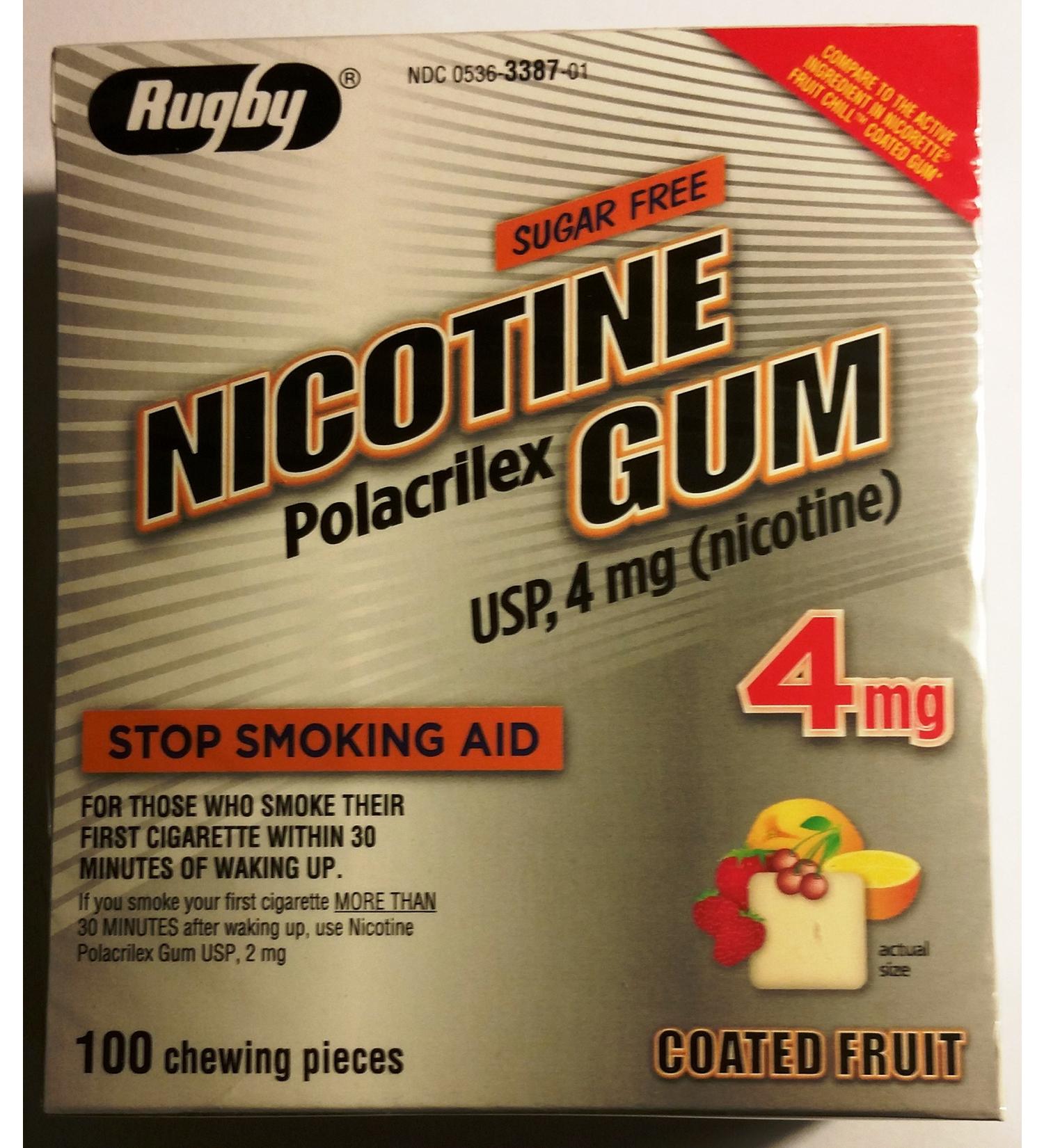 Rugby Nicotine Polacrilex Gum 4mg - Stop Smoking Aid, Sugar Free Coated Fruit Flavor - 100 Pieces - Buy Online on GoSupps.com