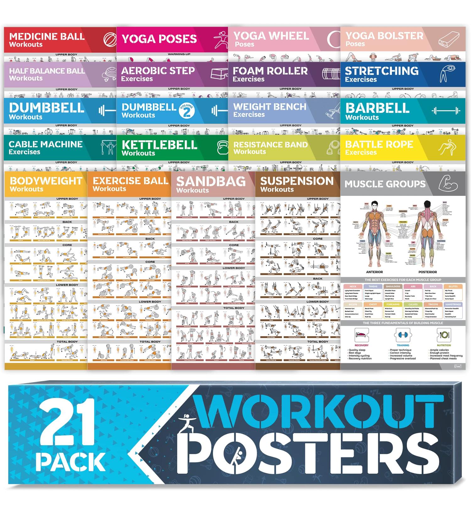 Laminated 21-PACK Workout Poster Set for Home Gym - Dumbbell, Yoga, Resistance Band, Kettlebell Exercises & More - Fitness Chart Bundle - Buy Online on GoSupps.com