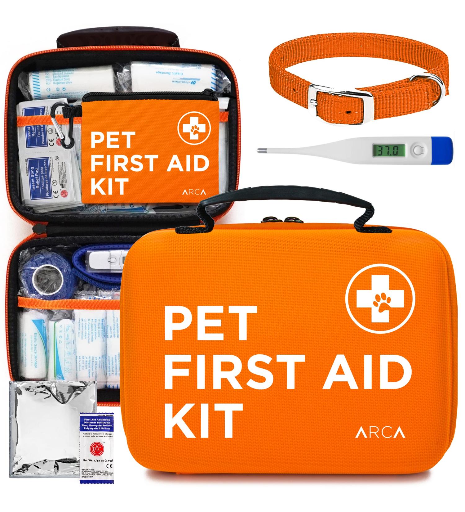 ARCA PET Cat & Dog First Aid Kit - Emergency Pet Travel Kit with Thermometer, Tick Remover & More | Neon Orange - Buy Online on GoSupps.com