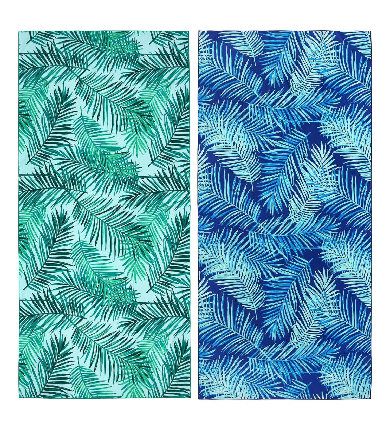 2 Pack Oversized Microfiber Beach Towel Set - Sand-Free, Quick Drying, Super Absorbent - Blue/Green Leaves Print - Ideal for Beach, Pool, Camping - Soft, Lightweight, and Breathable - Buy Online on GoSupps.com