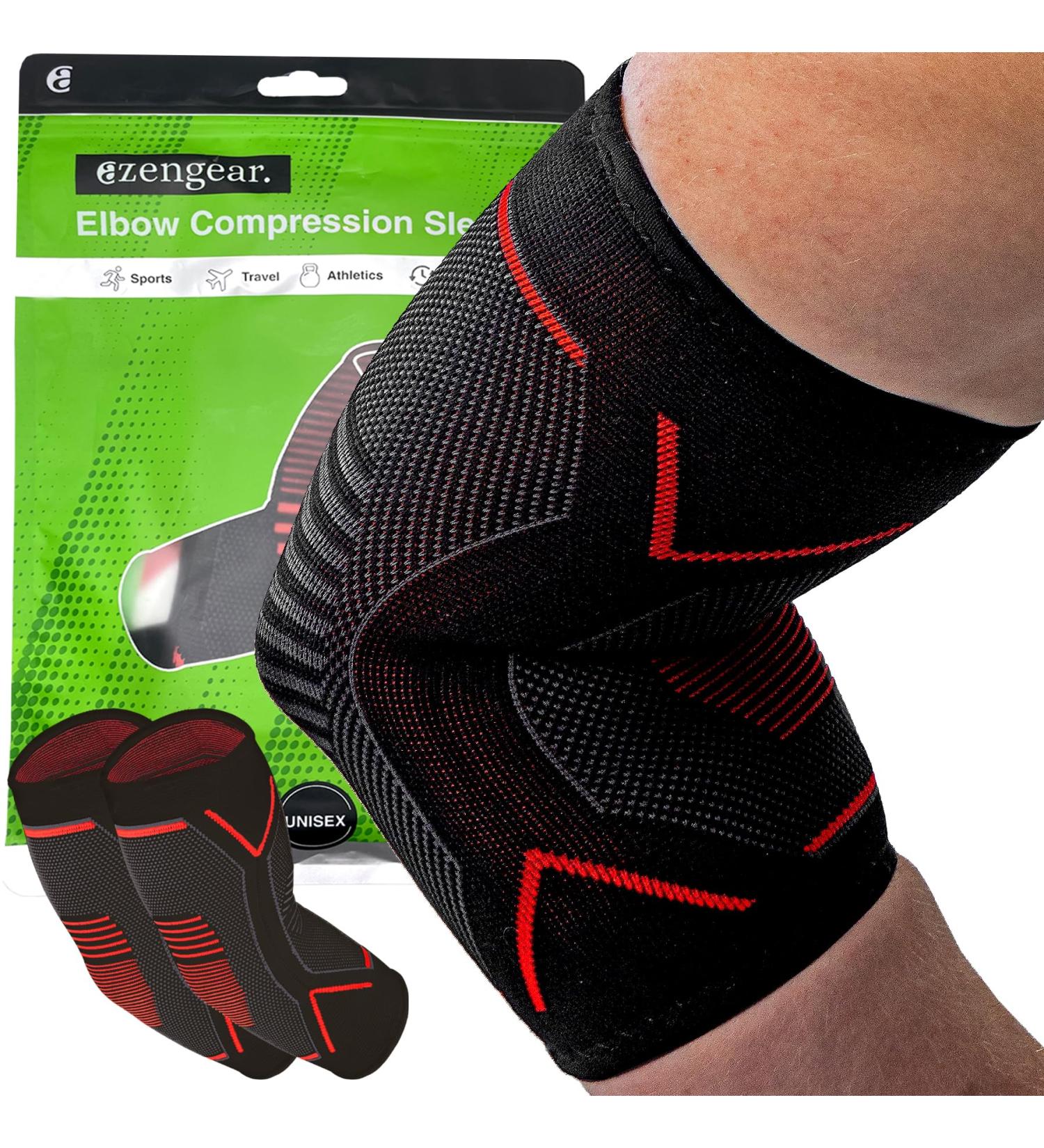 aZengear Elbow Compression Sleeve (Pair) for Men Women - Joint Pain Relief Support Brace for Tendonitis Arthritis Golf Tennis Weightlifting (Black w/Red, Size L) - Buy Online on GoSupps.com