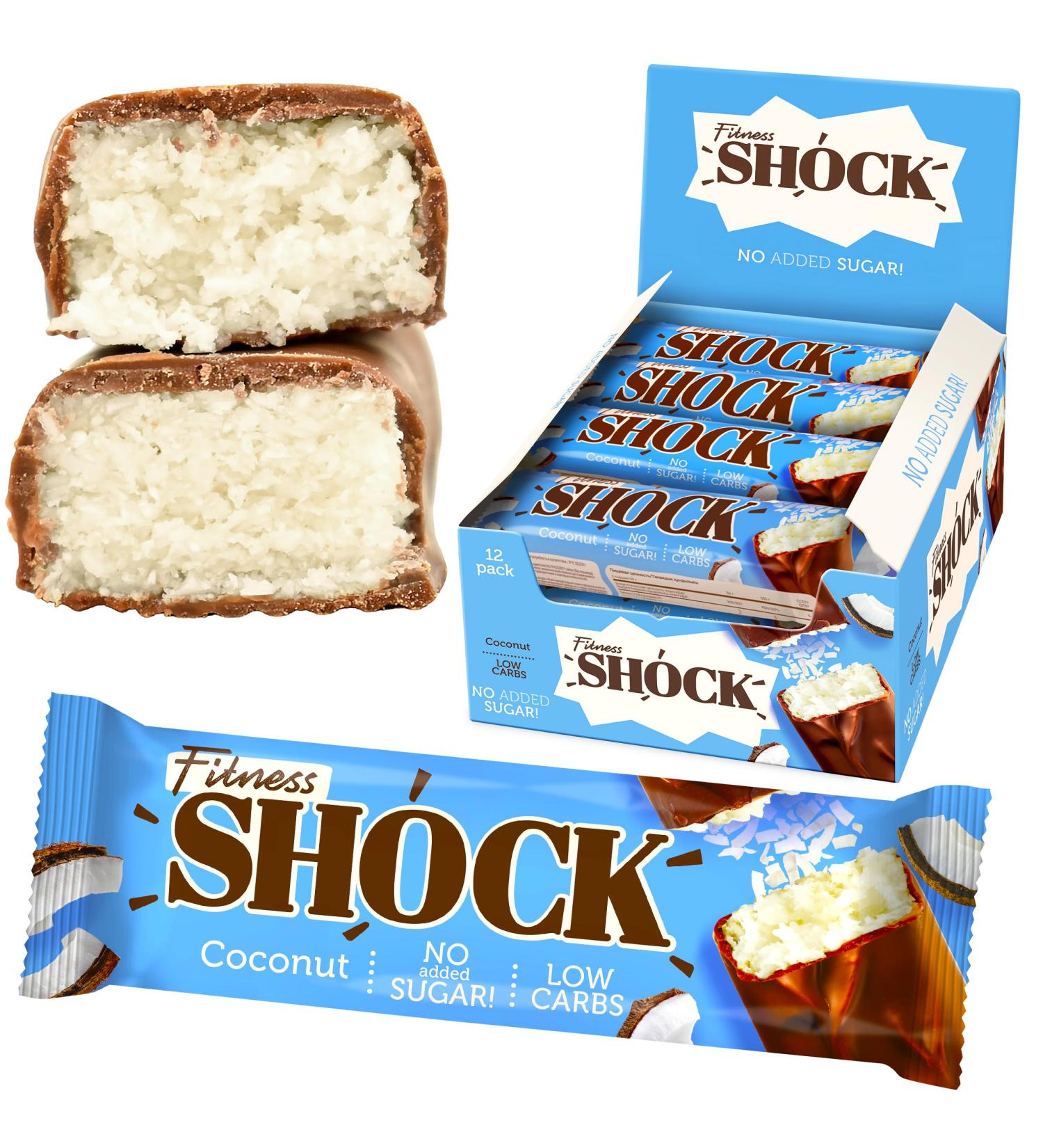 Fitnesshock Protein Bar Set - Low Carb Almost Sugar-Free (1g) Coconut Flavor Fiber-Rich 12x50g - Perfect for Health & Fitness Enthusiasts - Buy Online on GoSupps.com