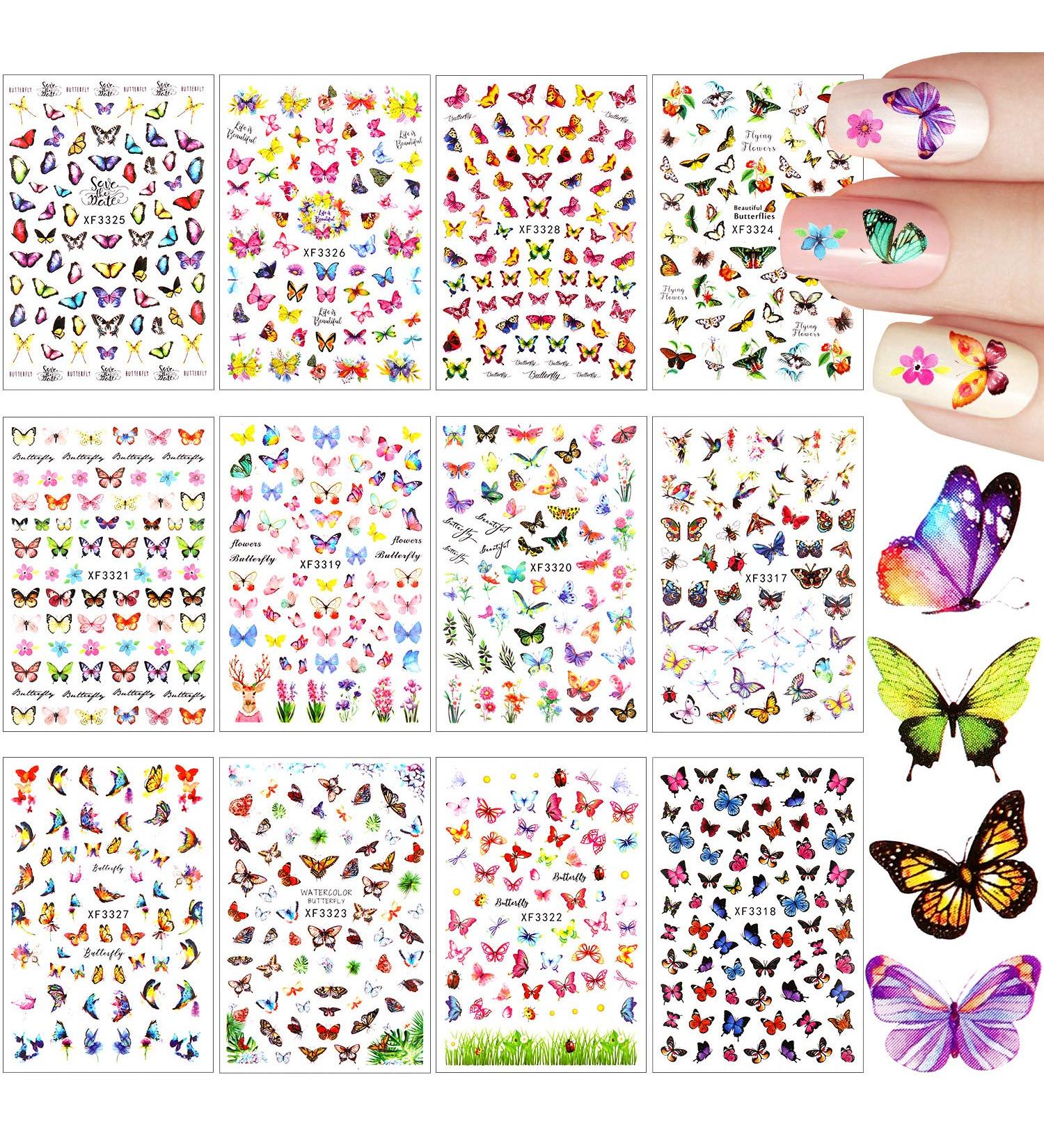 12 Sheets Butterfly Nail Art Stickers - Self-Adhesive Flower Pattern Decals for Women & Girls | Colorful, Mixed Design Manicure Decorations - Buy Online on GoSupps.com