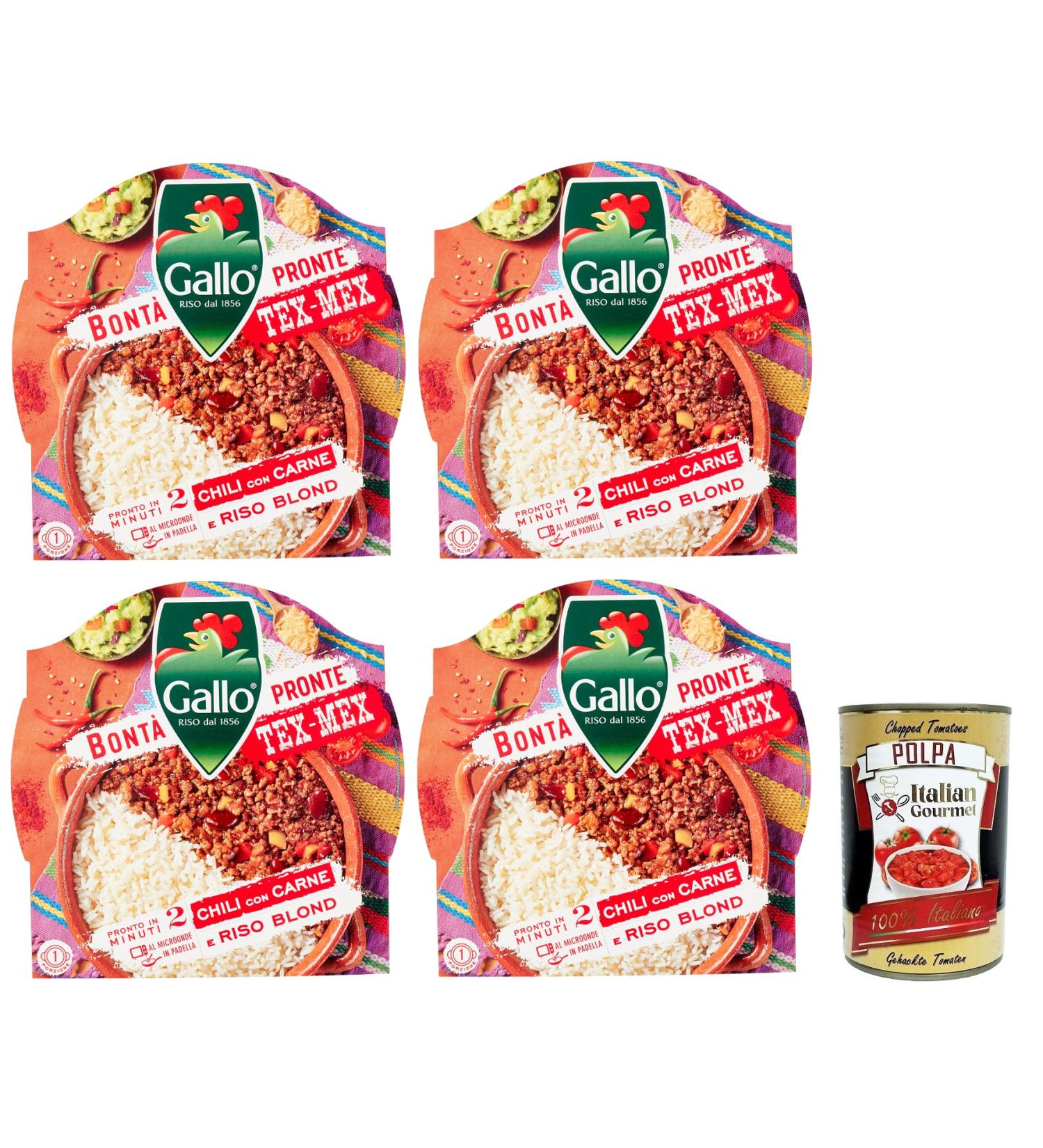  Italian Gourmet E.R. Riso Gallo Bont Pronte Tex-Mex Chili con Carne Precooked Rice / Beans / Meat and Peppers 220g / 400g / Italian Gourmet Tomato Pulp / Set of 4 - Buy Online on GoSupps.com