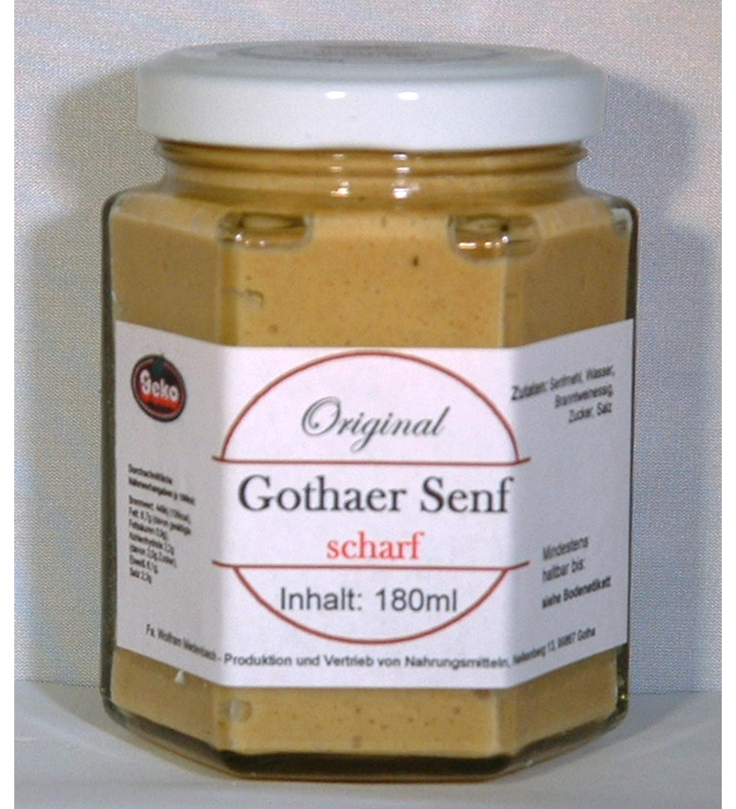 Geko Gothaer-Senf original in a 180ml hexagonal glass in original packaging in variants (mustard and sharp)
