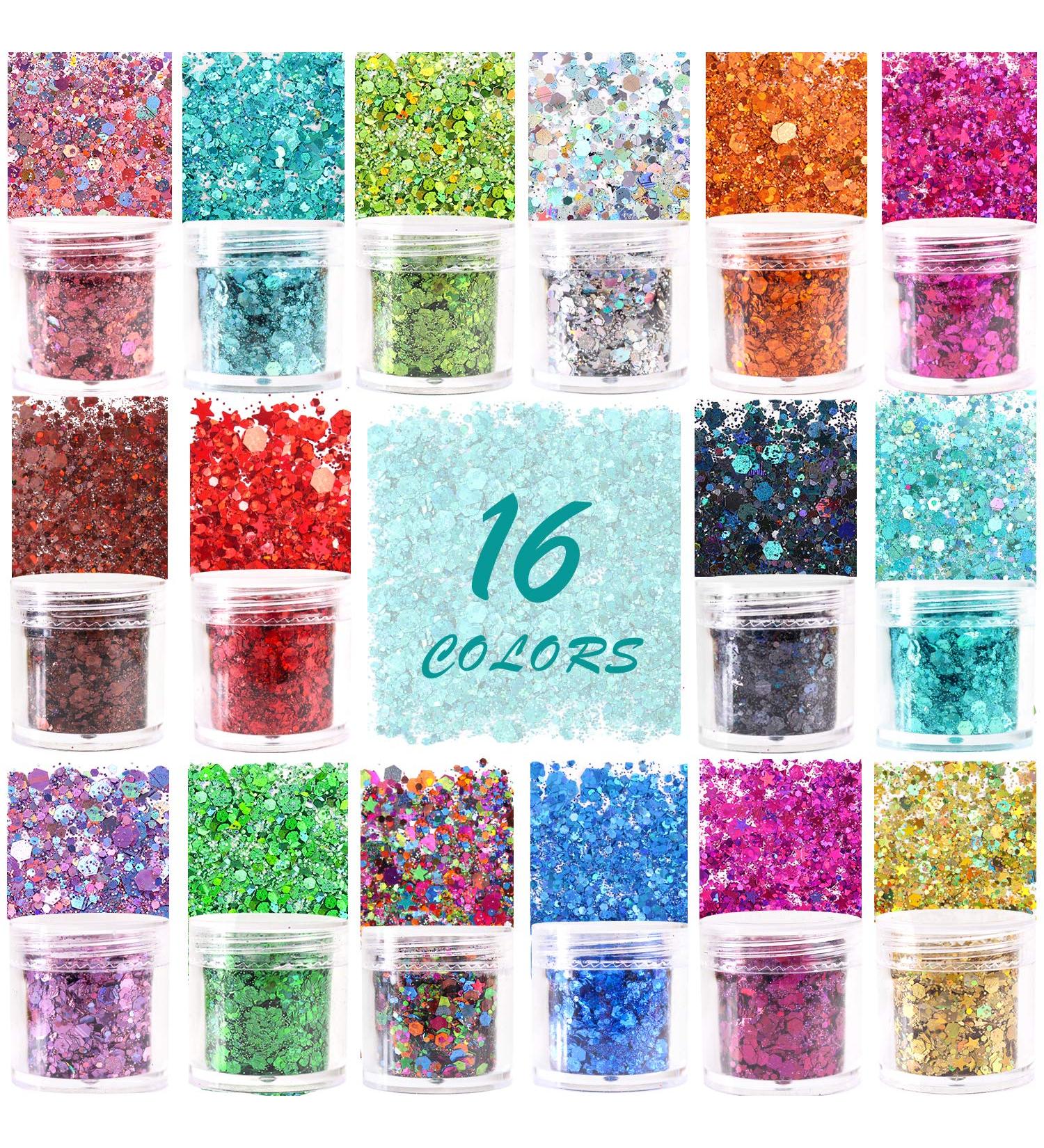 Holographic Chunky Glitter Sequins - 16 Colors Mix for Face, Body, Eyes, Hair, Nails - Festival Makeup with Hexagons & Stars - Buy Online on GoSupps.com