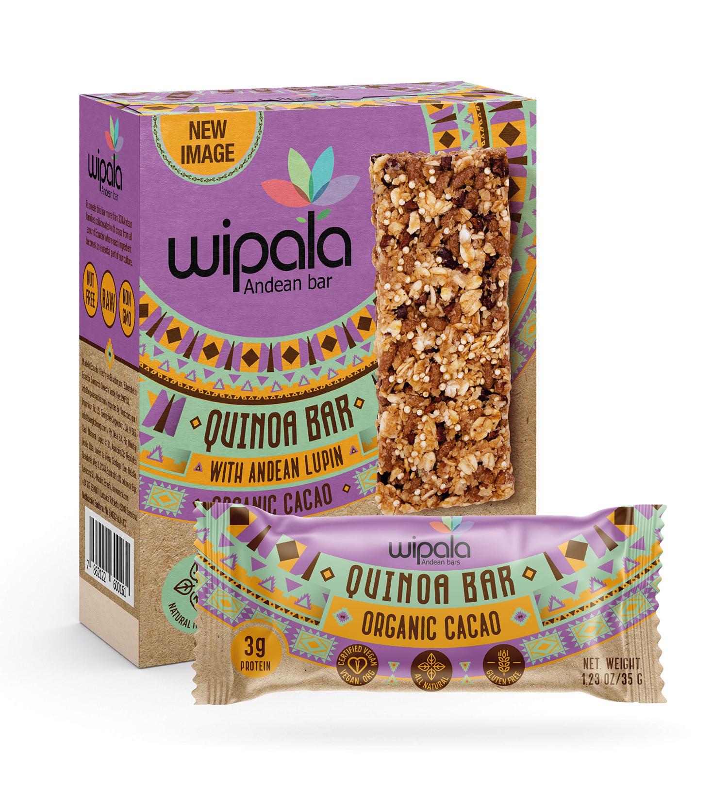 Wipala Raw Cacao Protein Bars - Healthy Energy Snack with Quinoa and Andean Lupin - 12 Pack, Sugar Free, Vegan, Gluten Free, Non-GMO - Buy Online on GoSupps.com