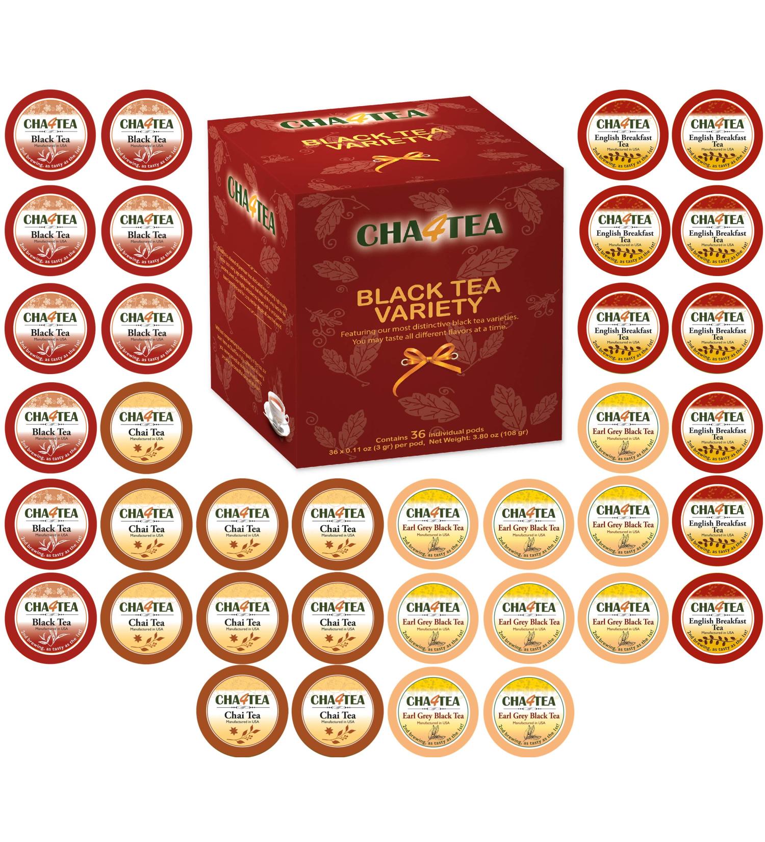 Cha4TEA 36-Count Assorted Black Tea Sampler for Keurig K-Cup Brewers (Black Tea, English Breakfast, Chai Black Tea, Earl Grey)