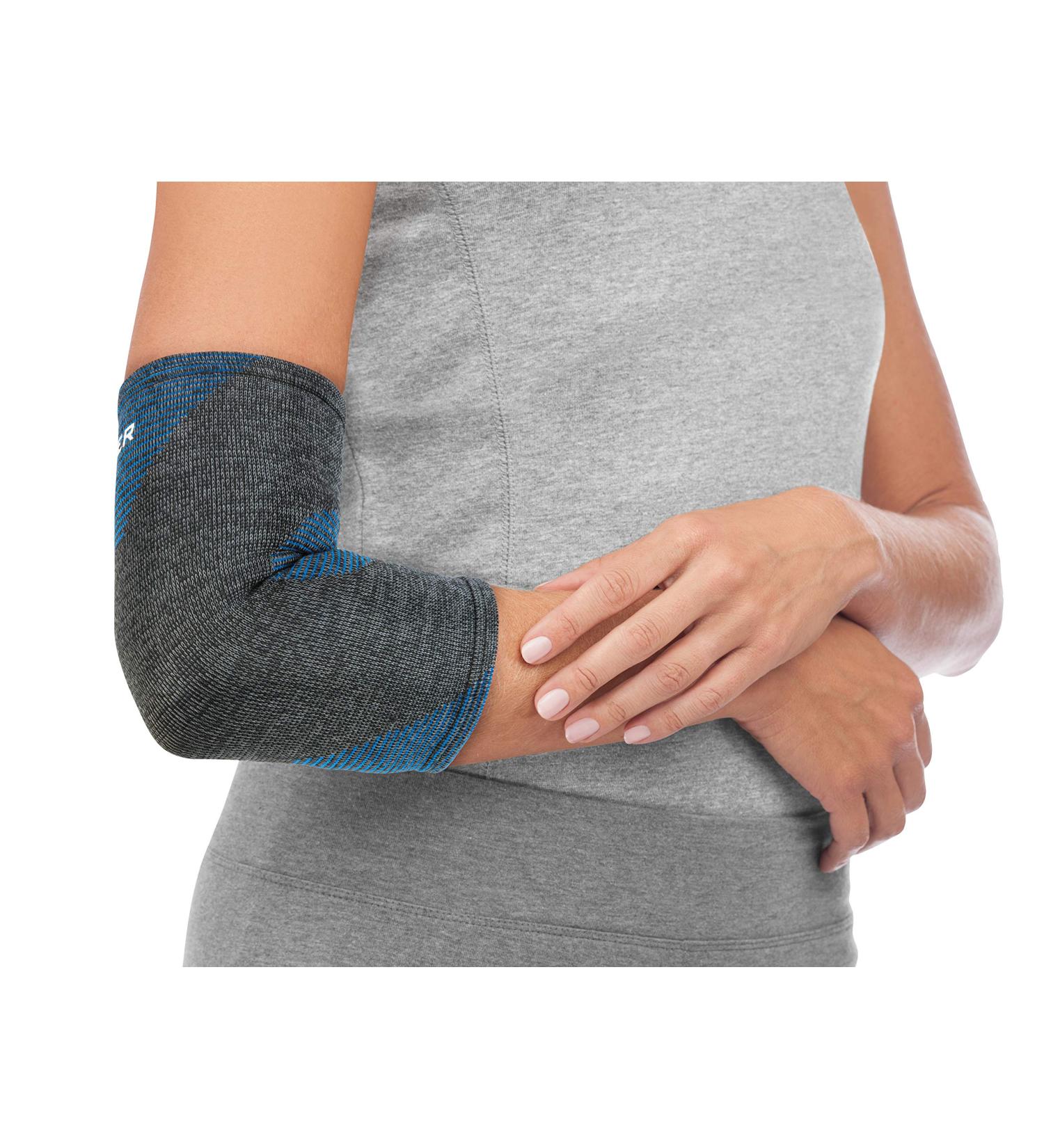 MUELLER 4-Way Stretch Elbow Support - Black & Blue Premium Knit with Thermo Reactive Technology | Medium/Large - International Shipping Available - Buy Online on GoSupps.com