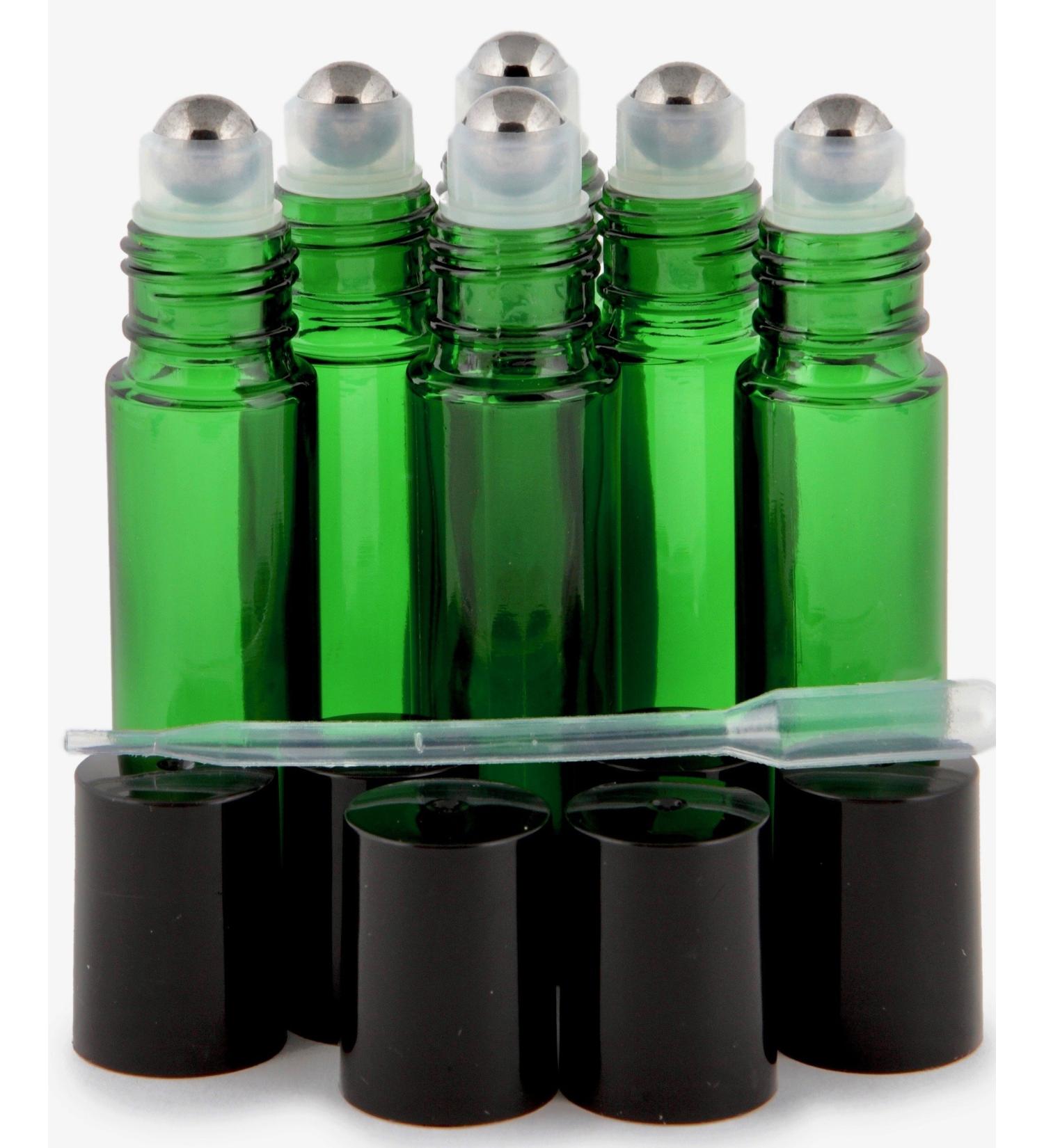Vivaplex 6 Green 10ml Glass Roll-on Bottles with Stainless Steel Roller Balls & Dropper - Ideal for DIY Essential Oils - Buy Online on GoSupps.com