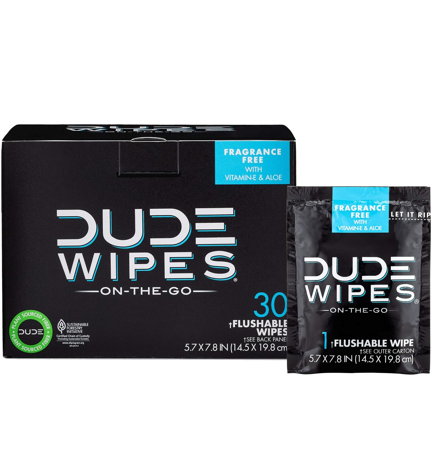 DUDE Wipes On-The-Go Wet Wipes - 30 Unscented Extra-Large Wipes with Vitamin E & Aloe - Flushable & Septic Safe - Buy Online on GoSupps.com