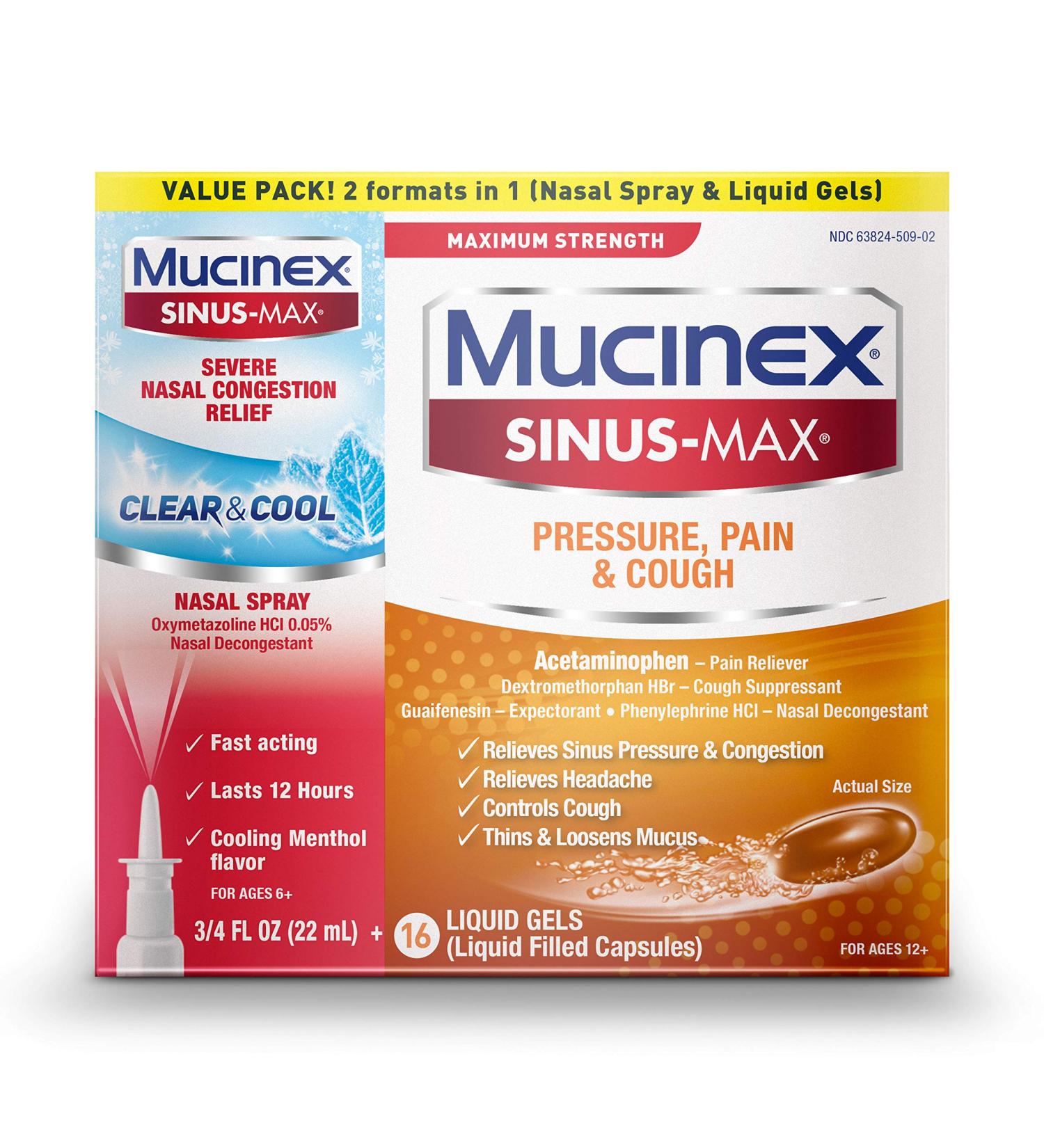 Mucinex Sinus-Max Maximum Strength Pressure, Pain & Cough Liquid Gels + Severe Nasal Congestion Relief Combo Pack - 3/4 Fl Oz + 16 Liquid Gels - Buy Online on GoSupps.com