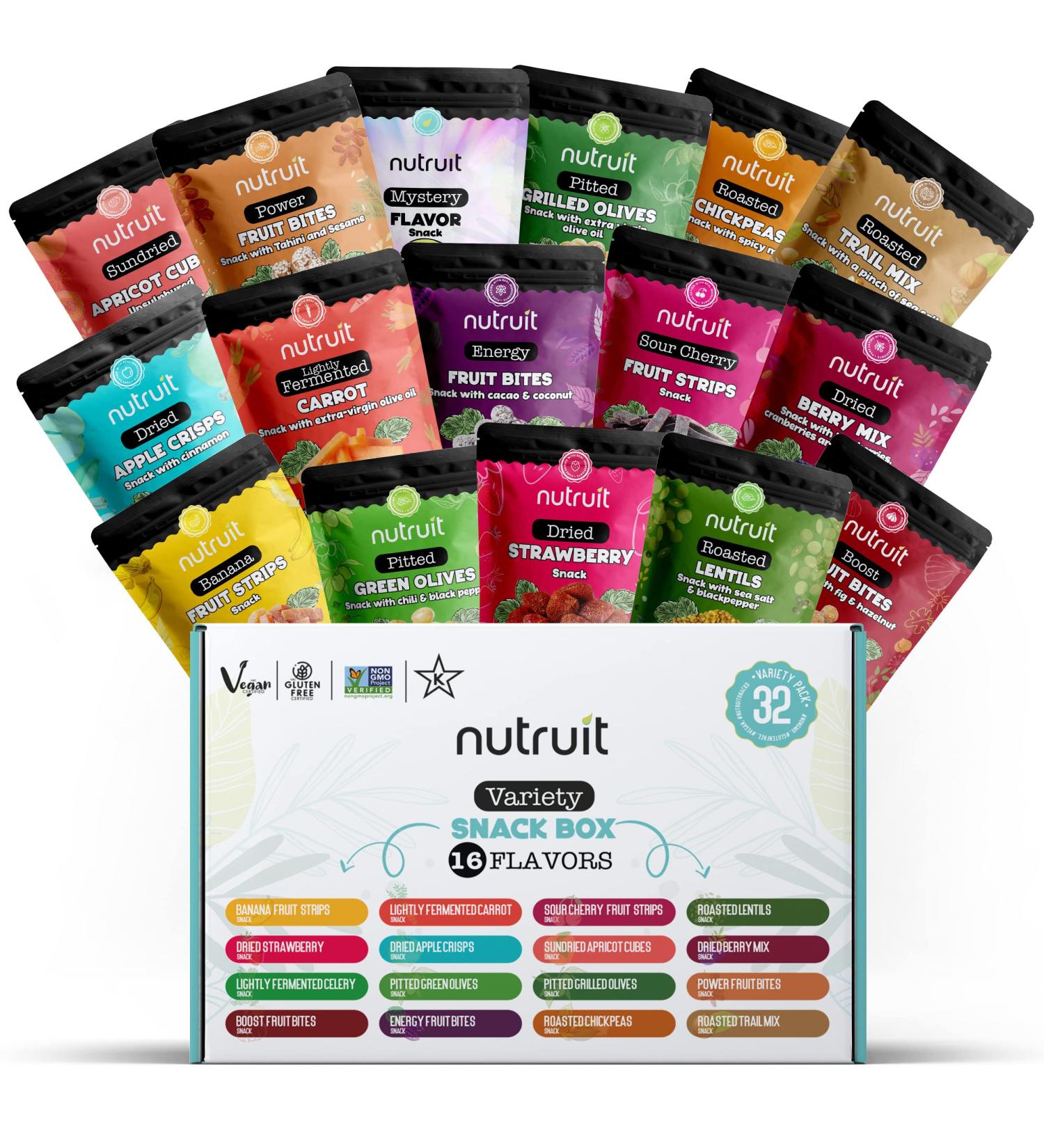 Nutruit Gourmet Healthy Snacks Mega Variety Box - Vegan, Gluten-Free, Non-GMO, Kosher - Pack of 32 High-Fiber, Plant-Based Protein Snacks, No Added Sugar - Perfect Snack Gift for Family, Kids, Adults - 1.2oz Packs - Buy Online on GoSupps.com