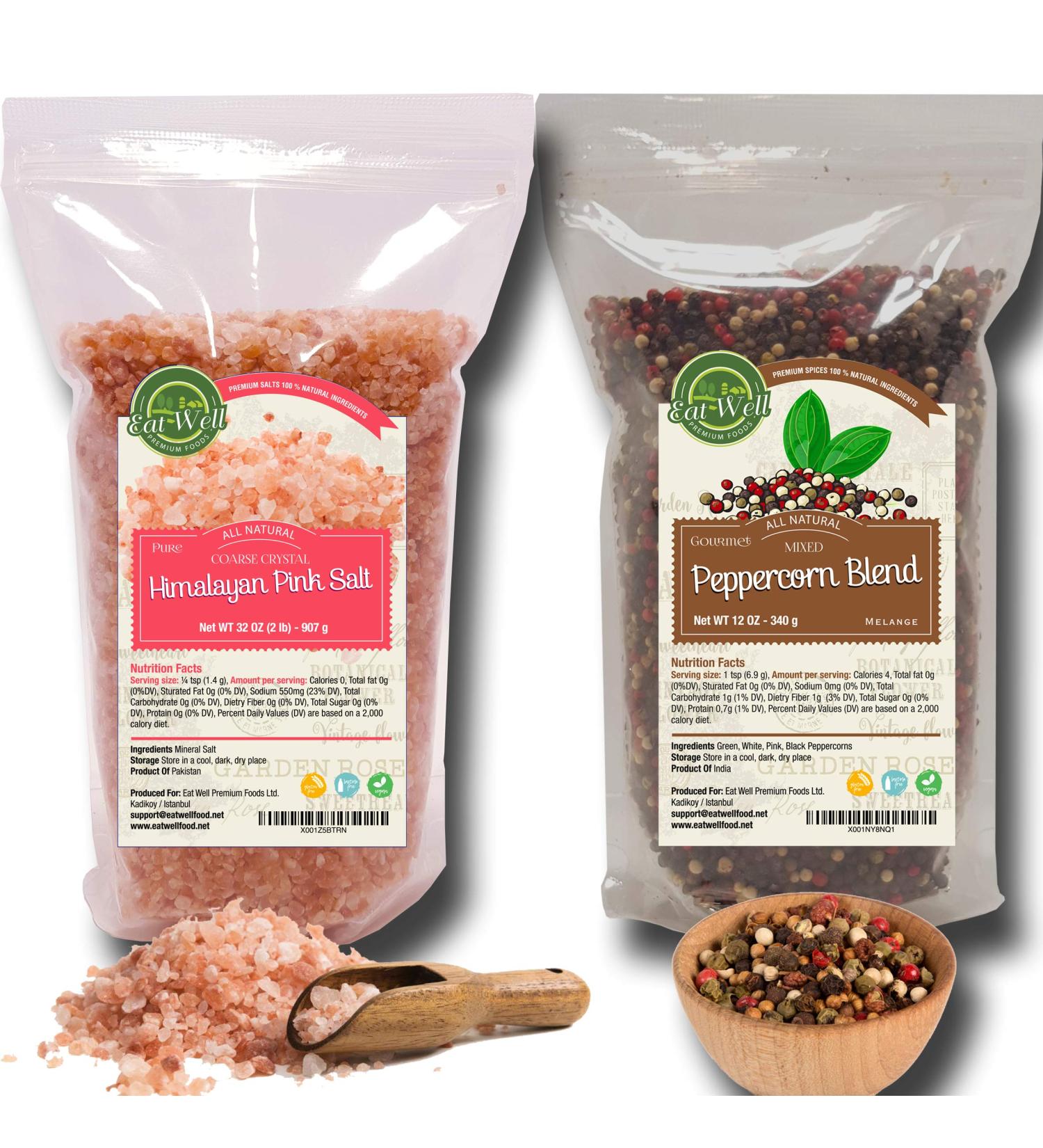 Multi Color Four Peppercorns Blend 12 oz & Himalayan Pink Salt 2 lbs - Freshly Packed Whole Black, Pink, Green, White - Grinder Refill - Buy Online on GoSupps.com