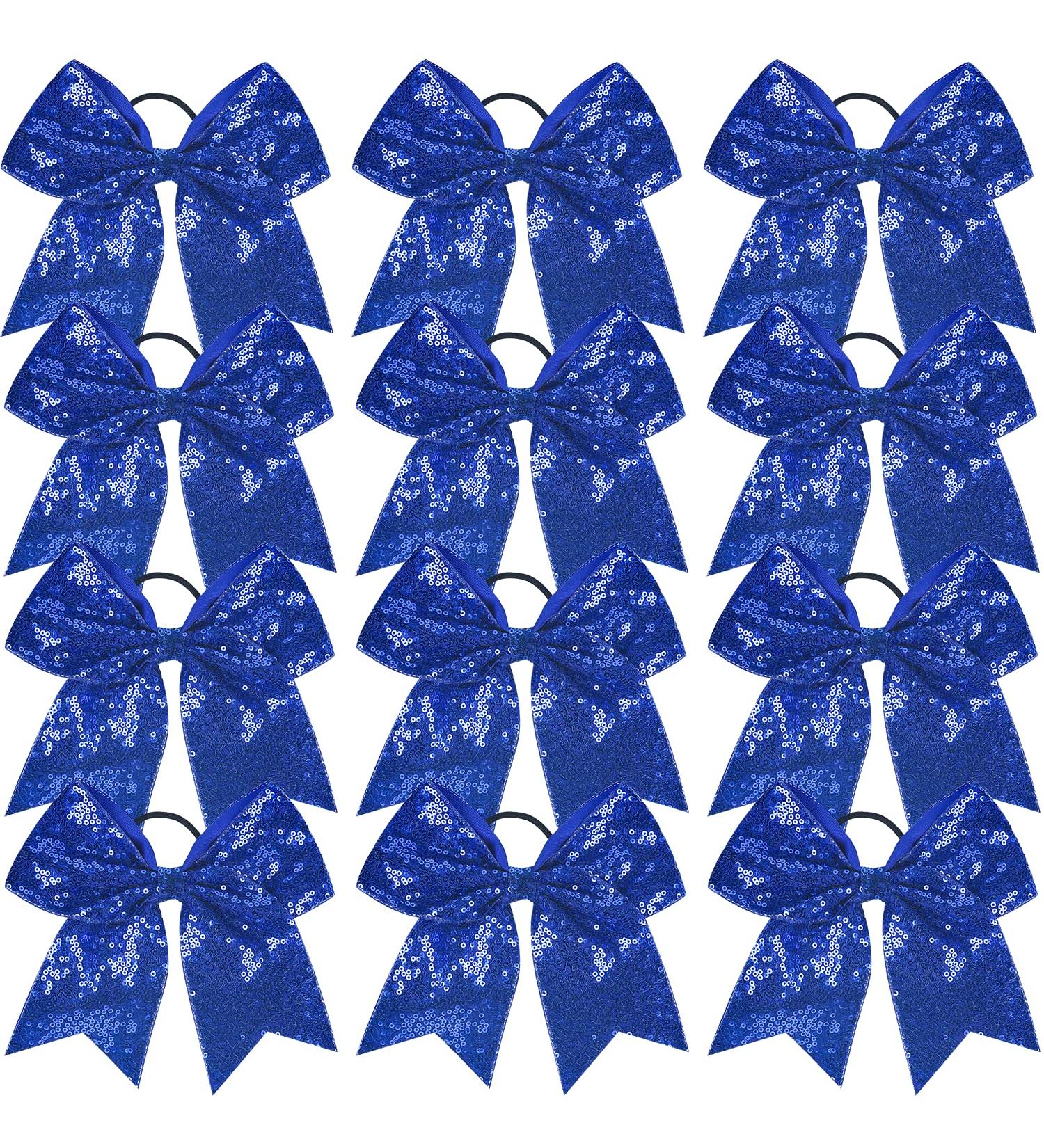 12 Piece Blue Glitter Sequin Cheer Bows - Jumbo 8 Inch for Cheerleading - Hair Accessories for Girls and Toddlers - Buy Online on GoSupps.com