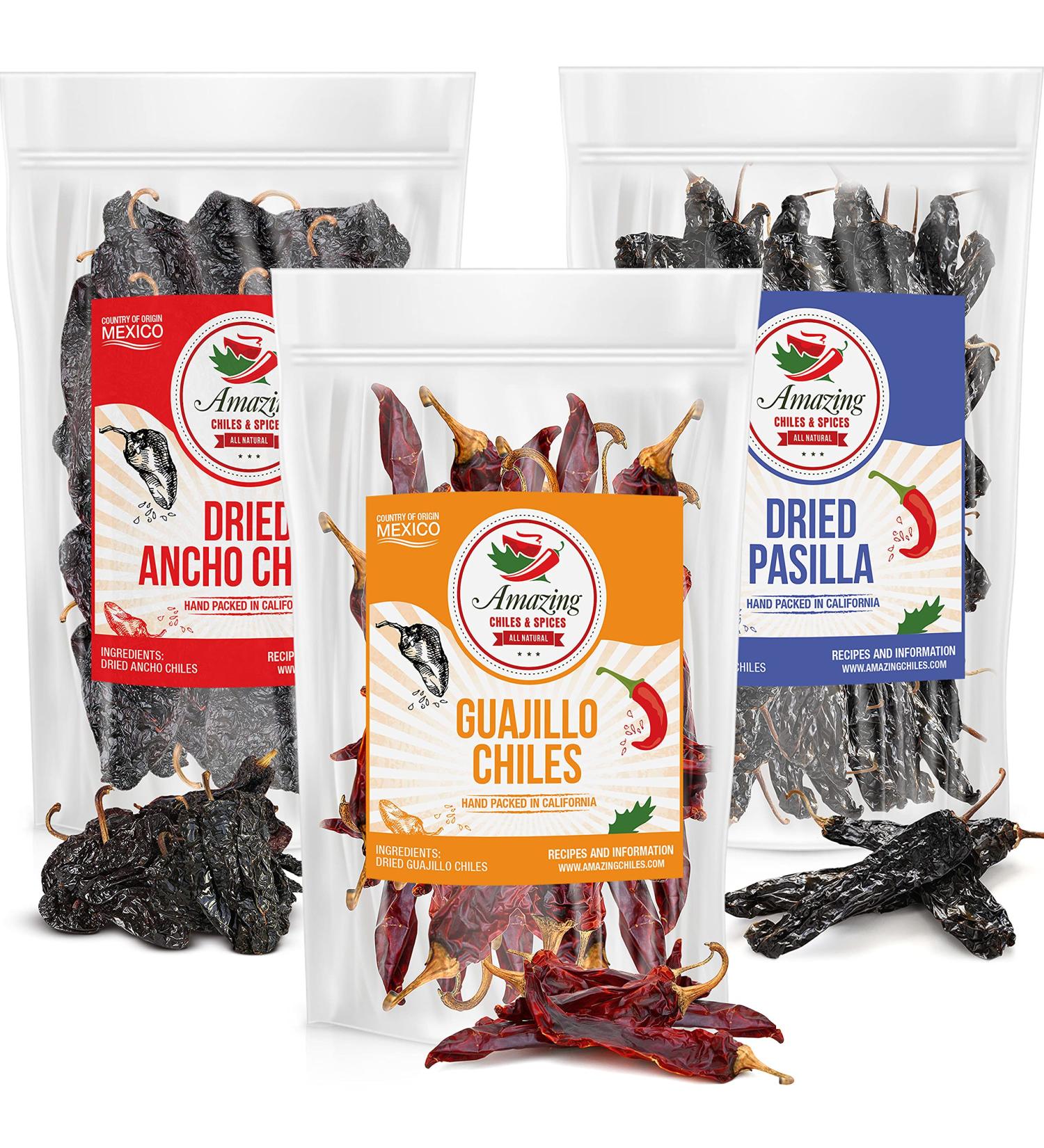 Dried Chile Peppers Variety Pack - 15 oz Total Ancho, Guajillo, Pasilla Chiles for Authentic Mexican Recipes - Mole, Salsa, Sauces, Stews, Tamales - By Amazing Chiles and Spices - Buy Online on GoSupps.com