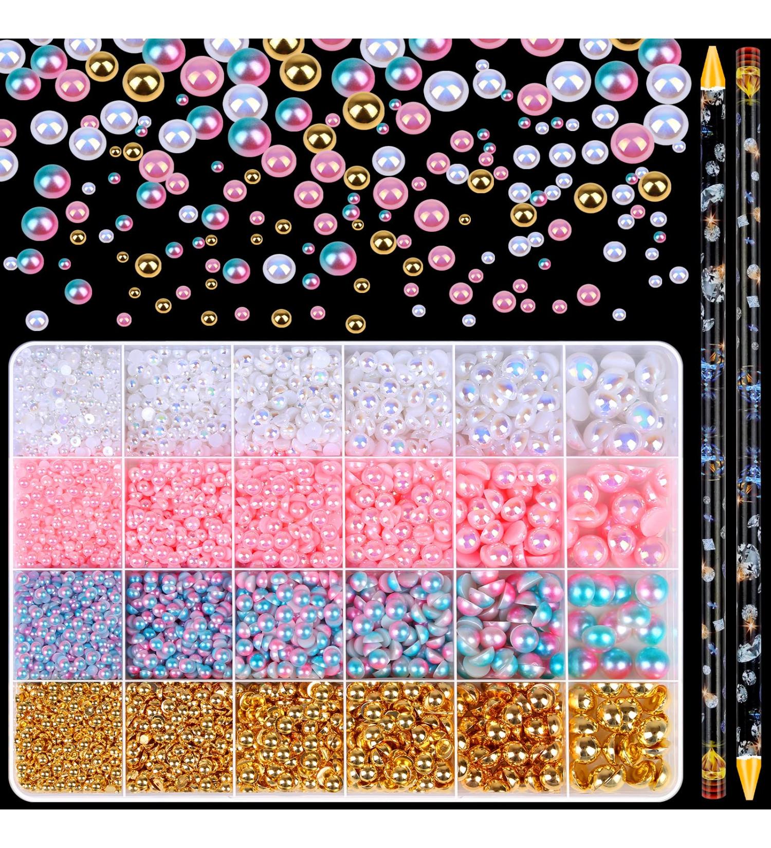 8420 PCS 4 Colors ABS Flat Back Pearls for Crafts | 3/4/5/6/8/10 mm Half Round Pearls with Self Adhesive Resin Picker Pencil | DIY Phone Nail Shoe (White Pink Peach Blue Gold) - Mix-Color - Buy Online on GoSupps.com