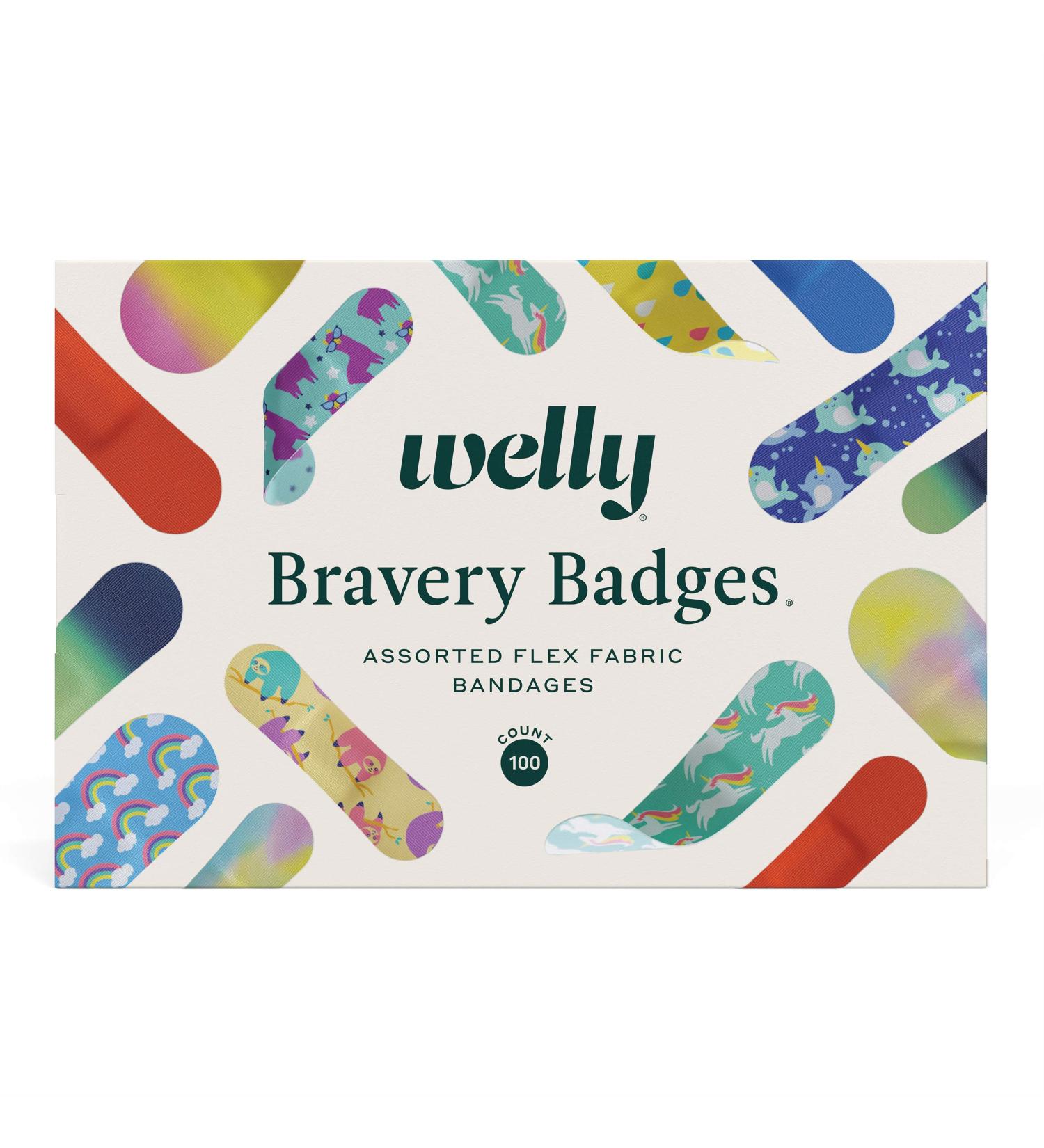 Welly Bravery Badge Box Adhesive Fabric Bandages - 100 Count, Assorted Shapes and Patterns for Minor Cuts and Scrapes - Buy Online on GoSupps.com