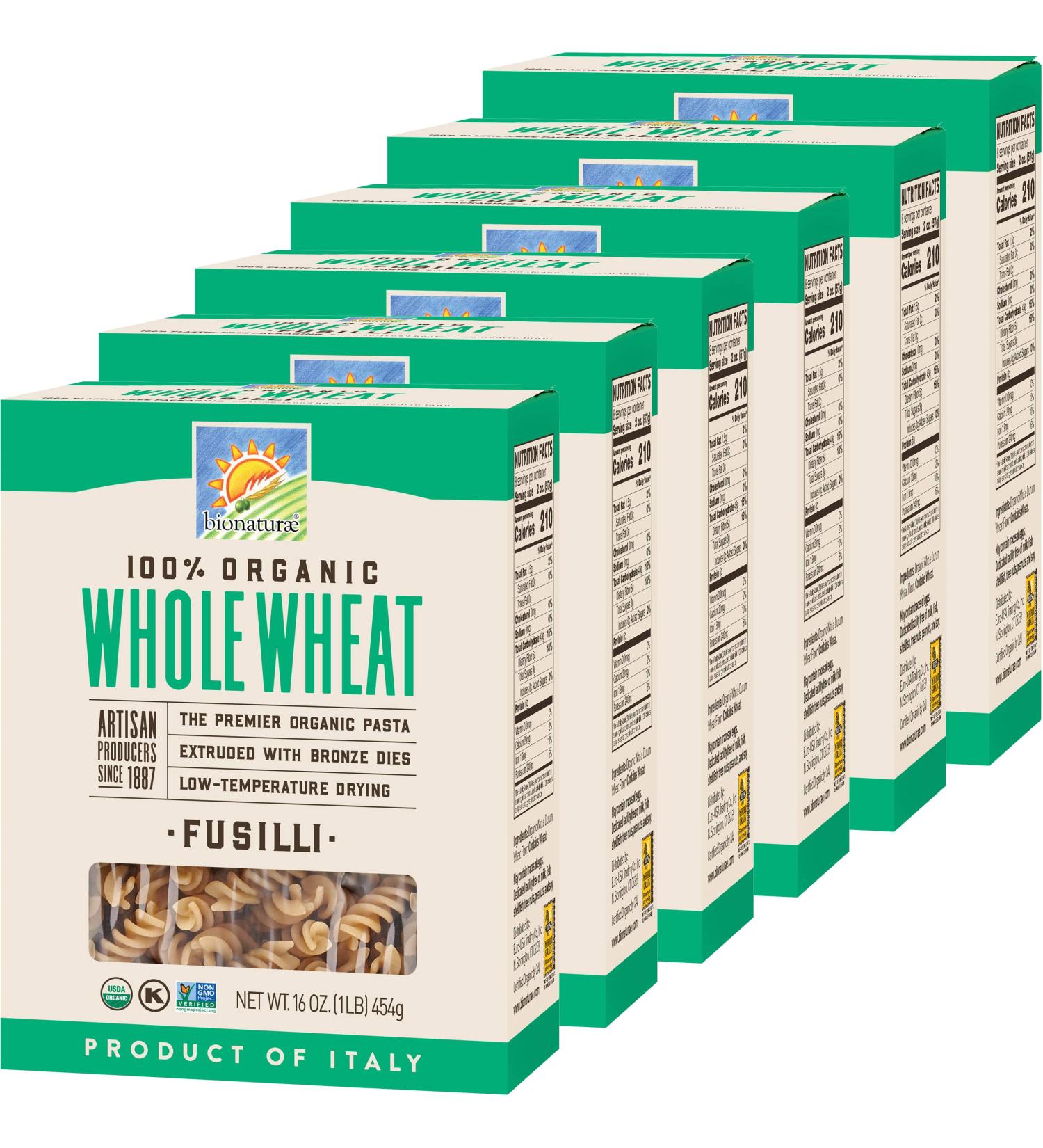 Bionaturae Whole Wheat Fusilli Pasta 16 oz (6 Pack) | Non-GMO, Kosher, USDA Organic, Made in Italy - Buy Online on GoSupps.com