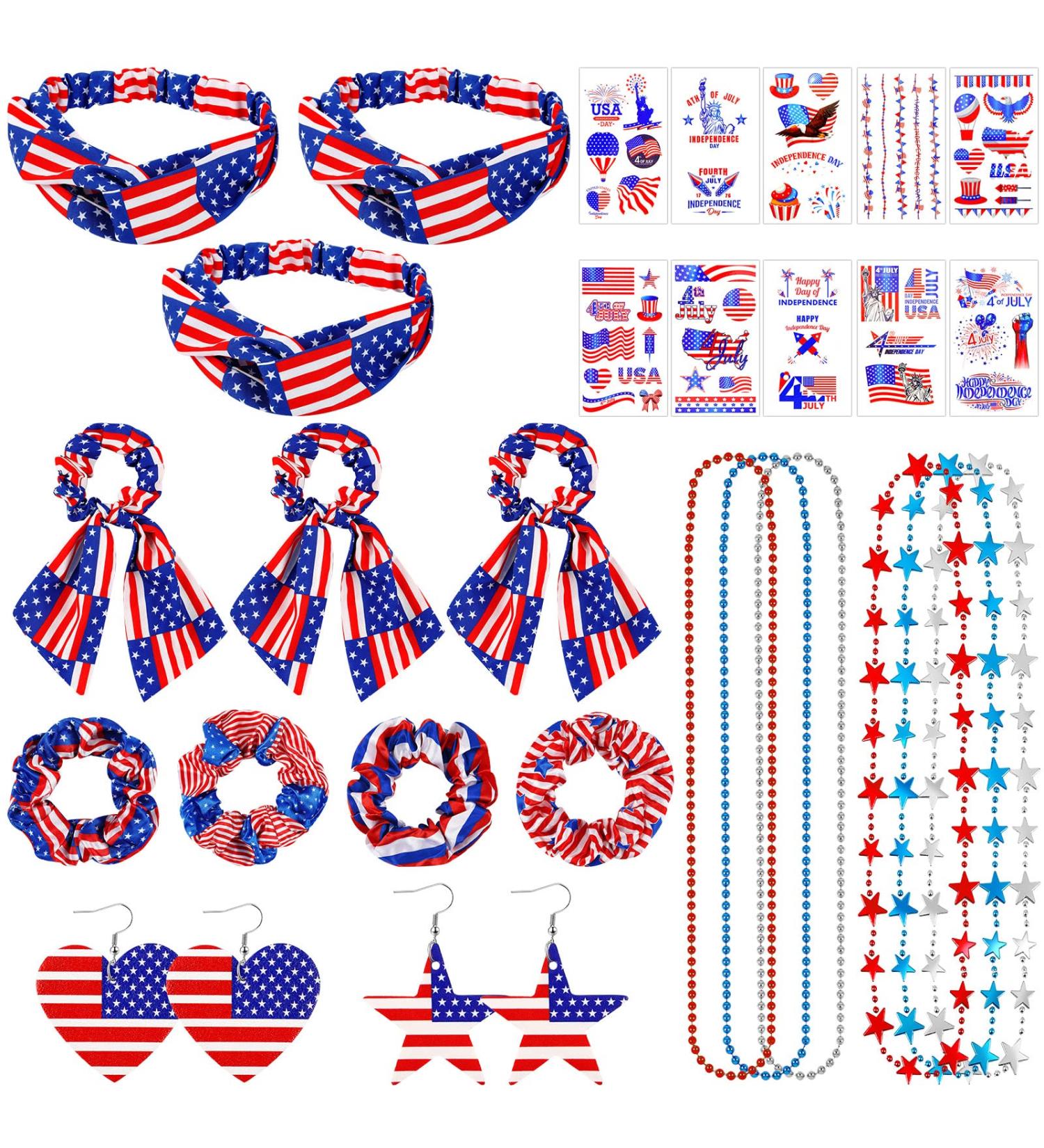 July 4th Accessories Kit: American Flag Headbands, Patriotic Scrunchies, USA Flag Earrings, Temporary Tattoos, Star Bead Necklaces - Buy Online on GoSupps.com