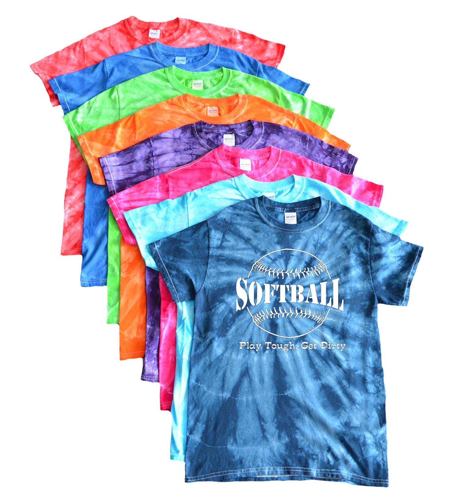 JANT girl Softball Tie Dye T-Shirt - Play Tough, Get Dirty Large White Logo Turquoise 14-16