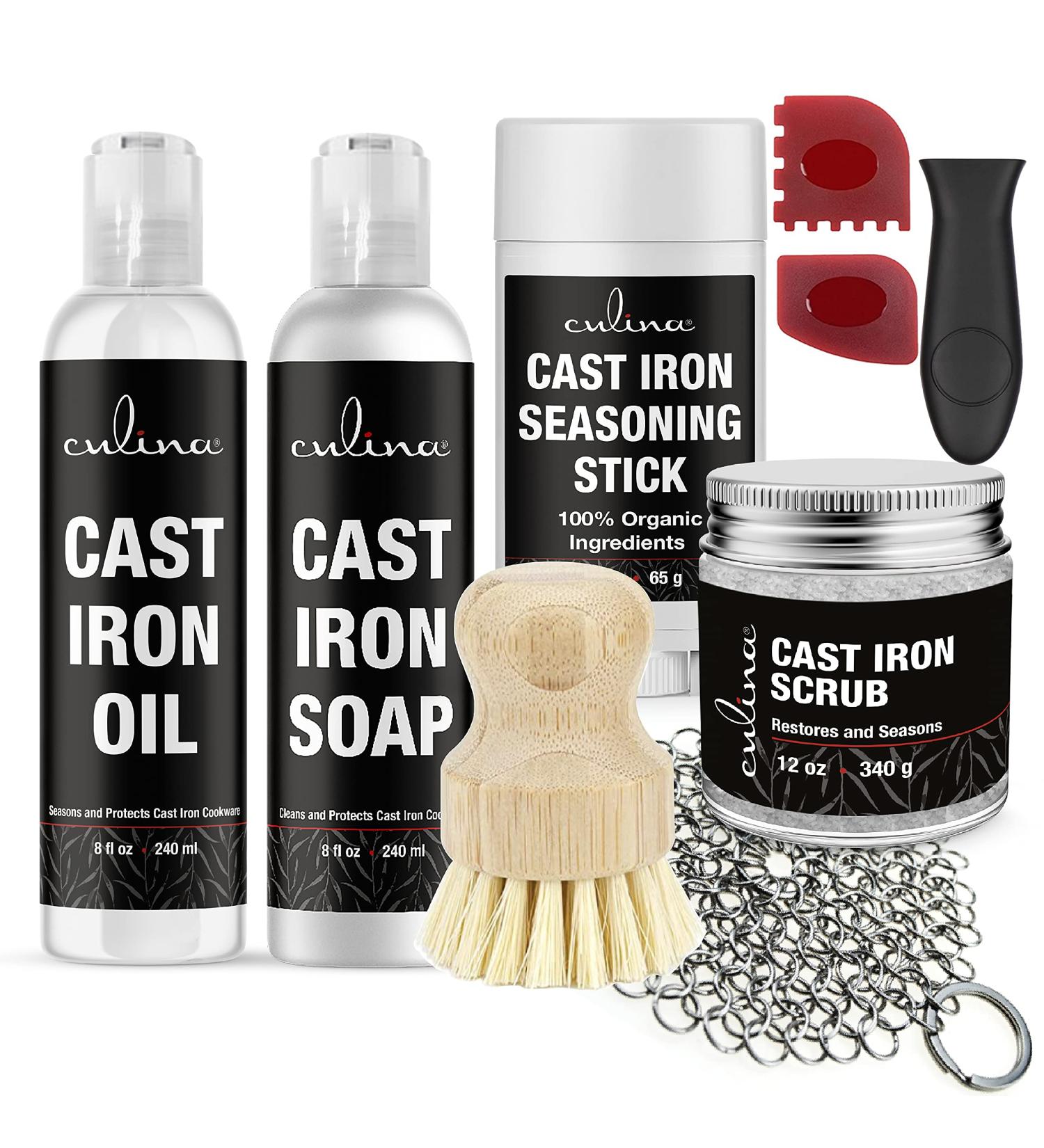Culina Cast Iron Soap Stick & Conditioning Oil Set | Stainless Scrubber & Scrub Brush | Restoring, All-Natural Ingredients | for Cast Iron Cookware - Buy Online on GoSupps.com