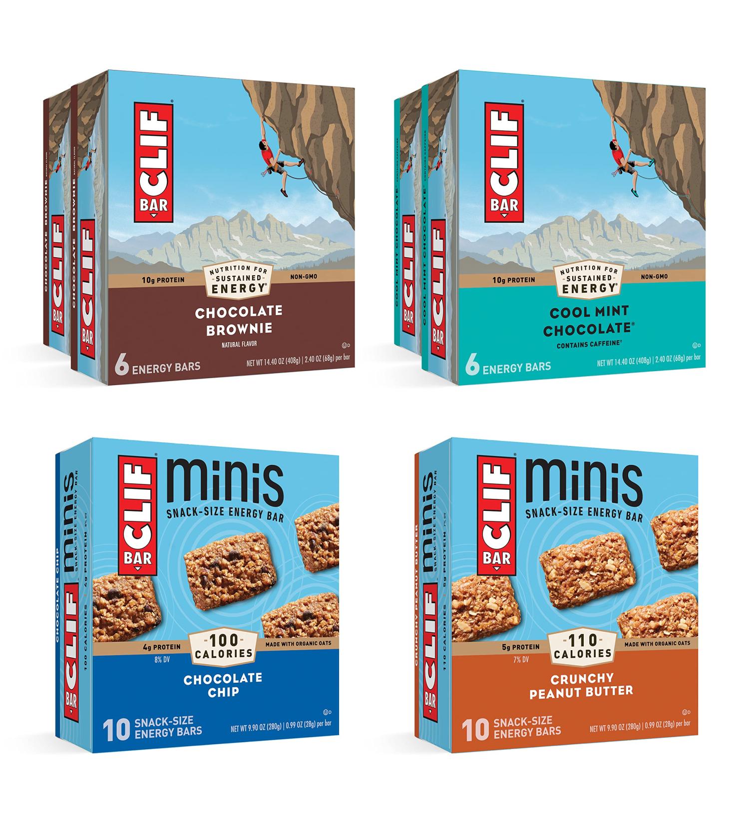 CLIF BAR 44 Count Variety Pack - Chocolate Chip, Crunchy Peanut Butter, Chocolate Brownie, Cool Mint Chocolate - Full Size and Mini Energy Bars - Buy Online on GoSupps.com