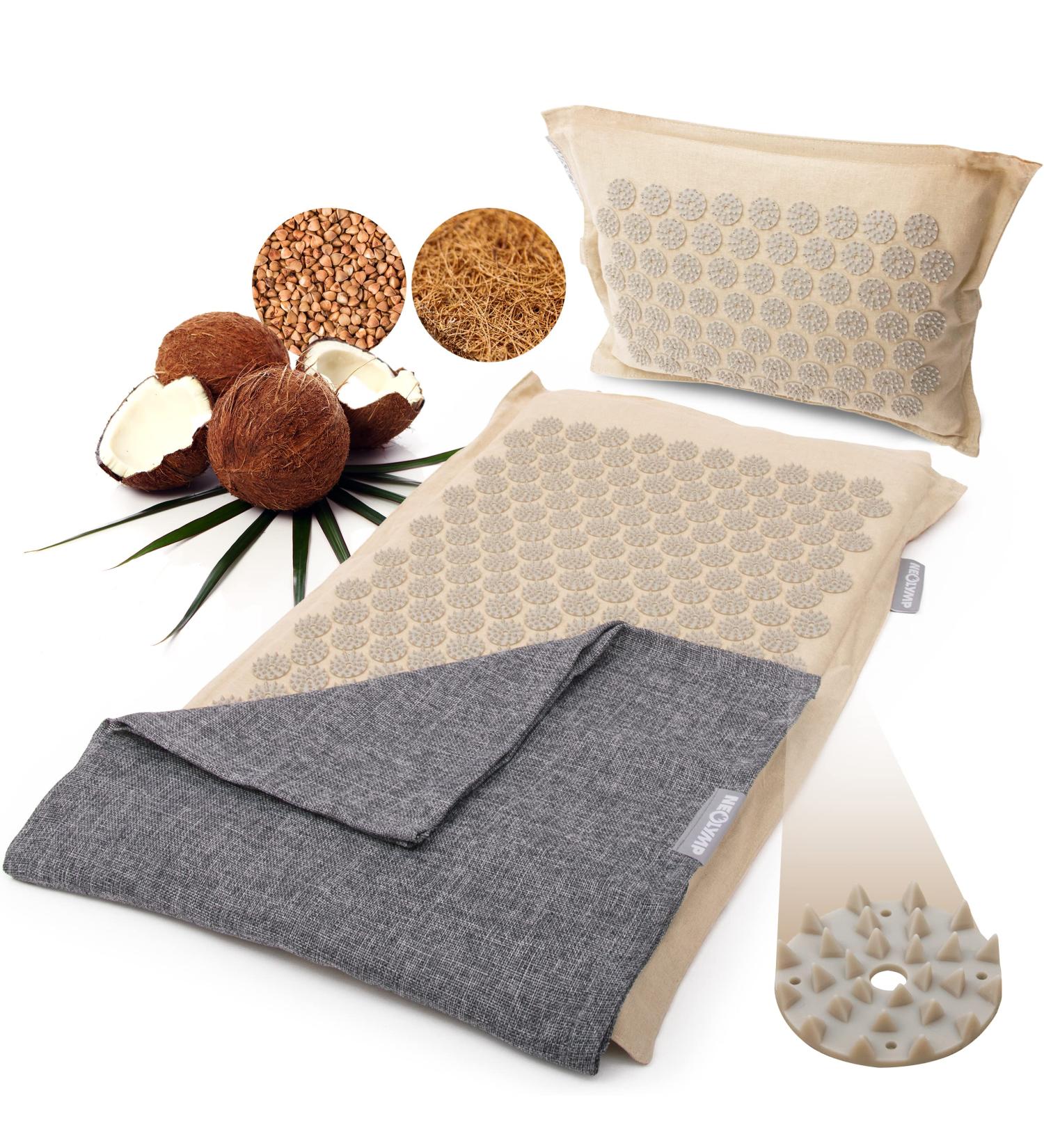 Neo-Olympus AkuPressurmatte & Pillow - Acupressure Massage Mat with 7 452 Pressure Points Coconut Fiber & Buckwheat Filling Video Instructions | International Shipping Available - Buy Online on GoSupps.com