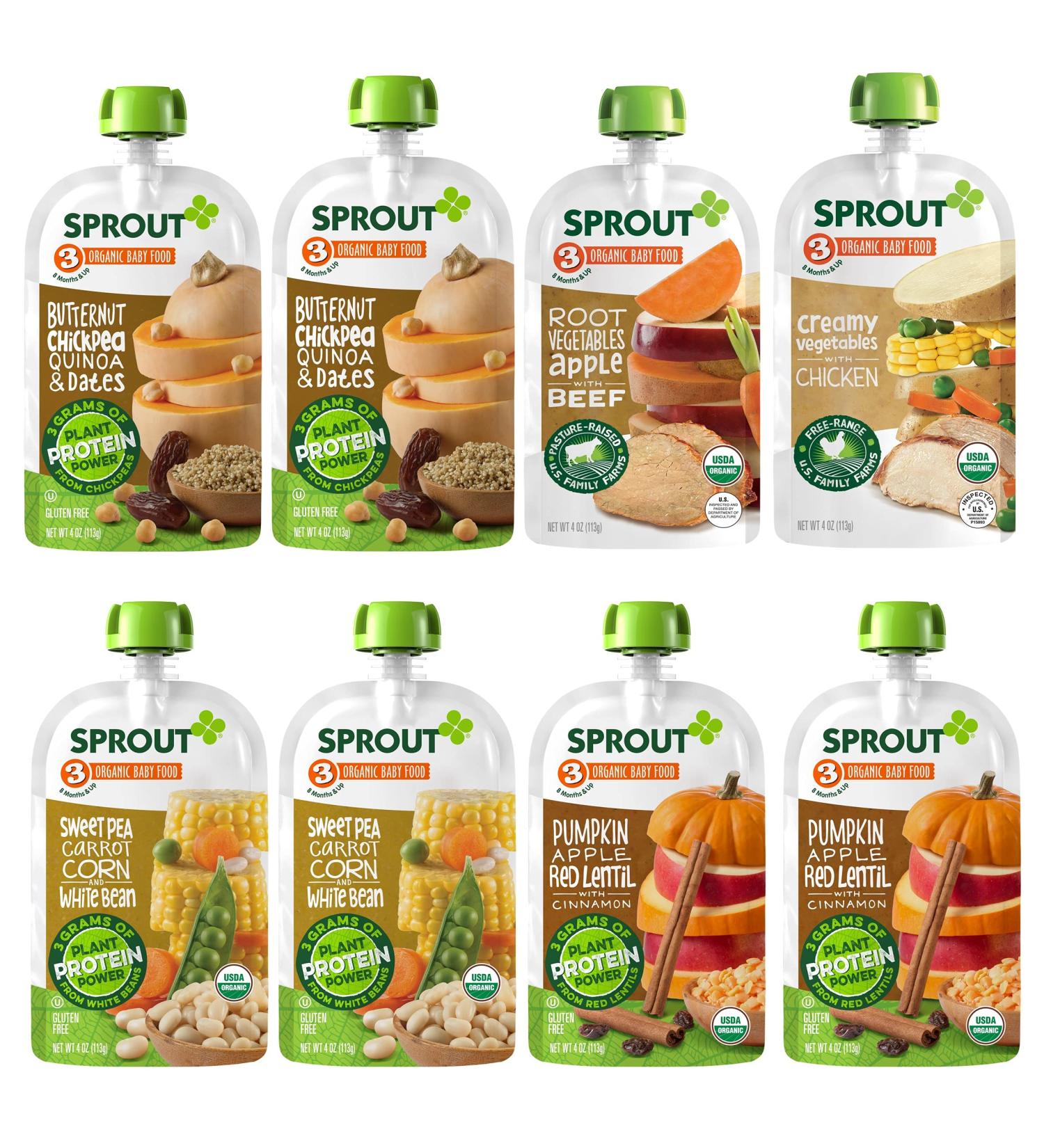 Sprout Organic Baby Food Stage 3 Variety Pack - 8 Meat & Plant Protein Flavors - 4 oz Pouches (Pack of 12) - Buy Online on GoSupps.com