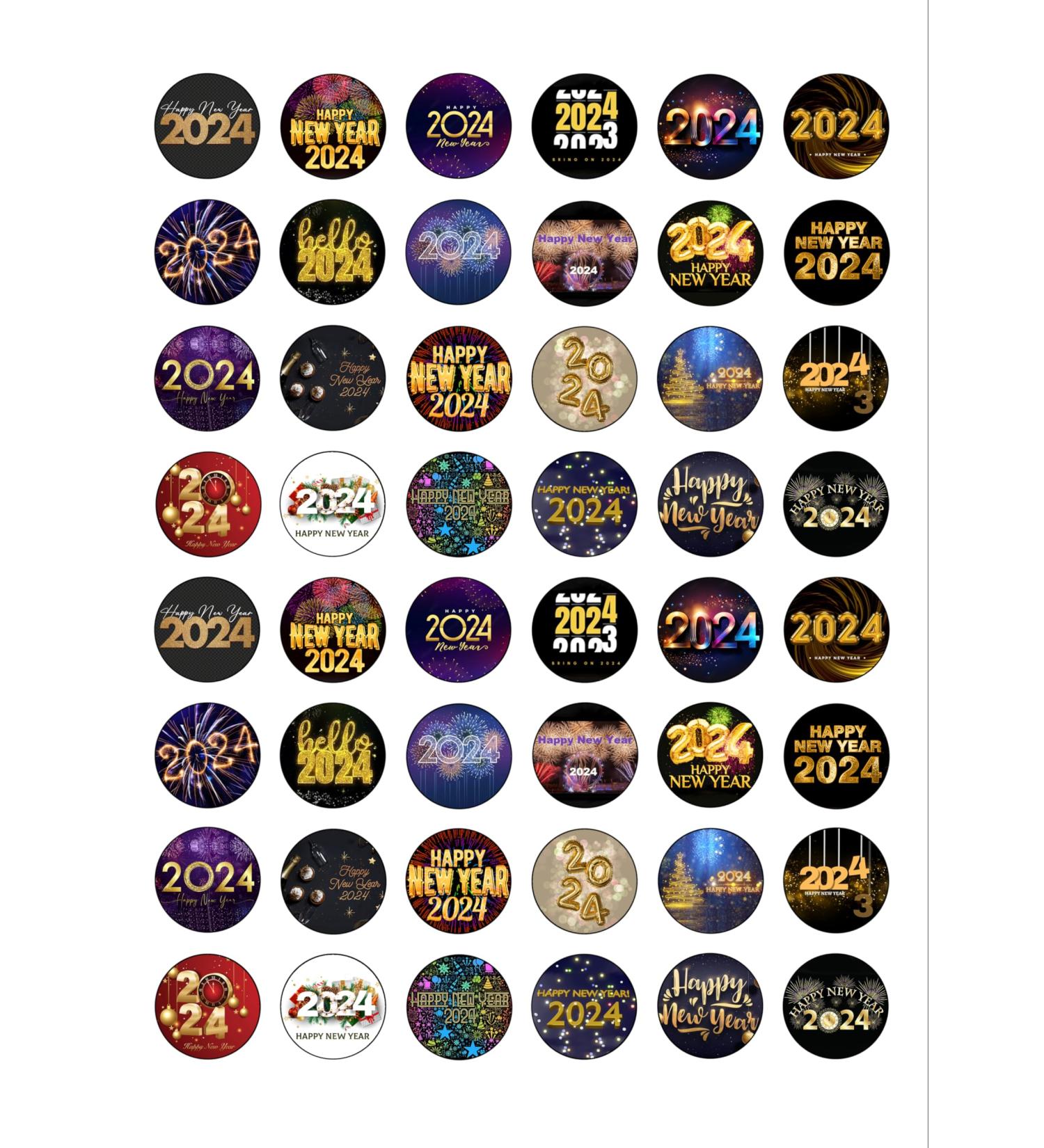 48 New Year Celebration Party 2024 themed Edible Wafer Paper Round Cake Toppers Decorations