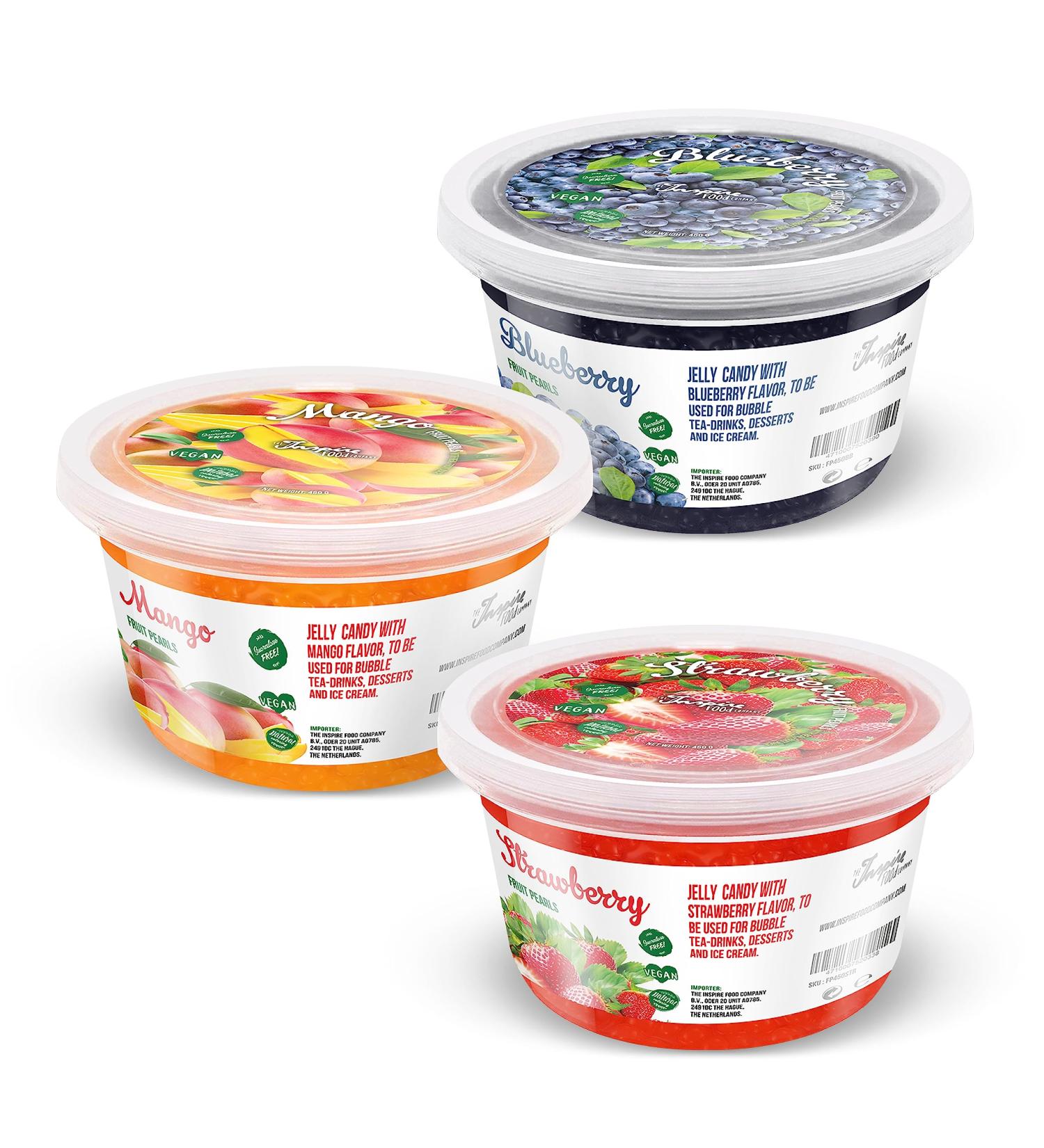 Inspire Food Bubble Tea Pearl Set - 3-Pack Popping Boba Fruit Beads - Vegan & Gluten-Free Strawberry Mango Blueberry Tapioca Pearls 450g Each - Buy Online on GoSupps.com