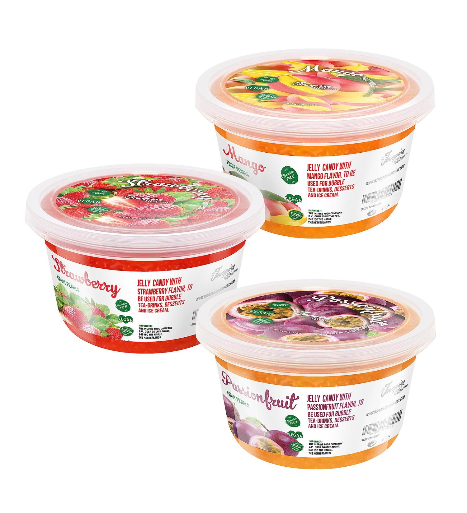 Inspire Food Bubble Tea Pearl Set - 3-Pack Popping Boba: Strawberry Mango Maracuja | Vegan & Gluten-Free Tapioca Pearls | 450g Each - Buy Online on GoSupps.com