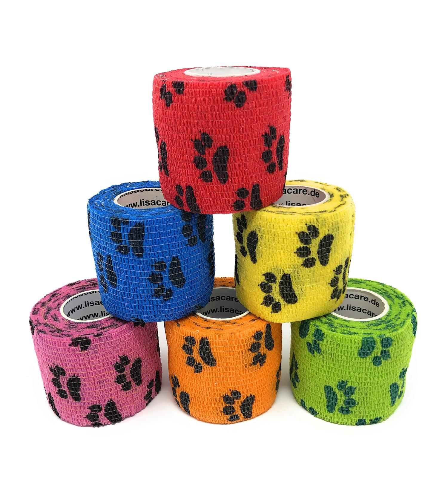 Lisacare Self-Adhesive 6-Set Elastic Bandage for Dogs - Colorful Paw Mix - Medically Certified Animal Bandages - 5cm - Buy Online on GoSupps.com